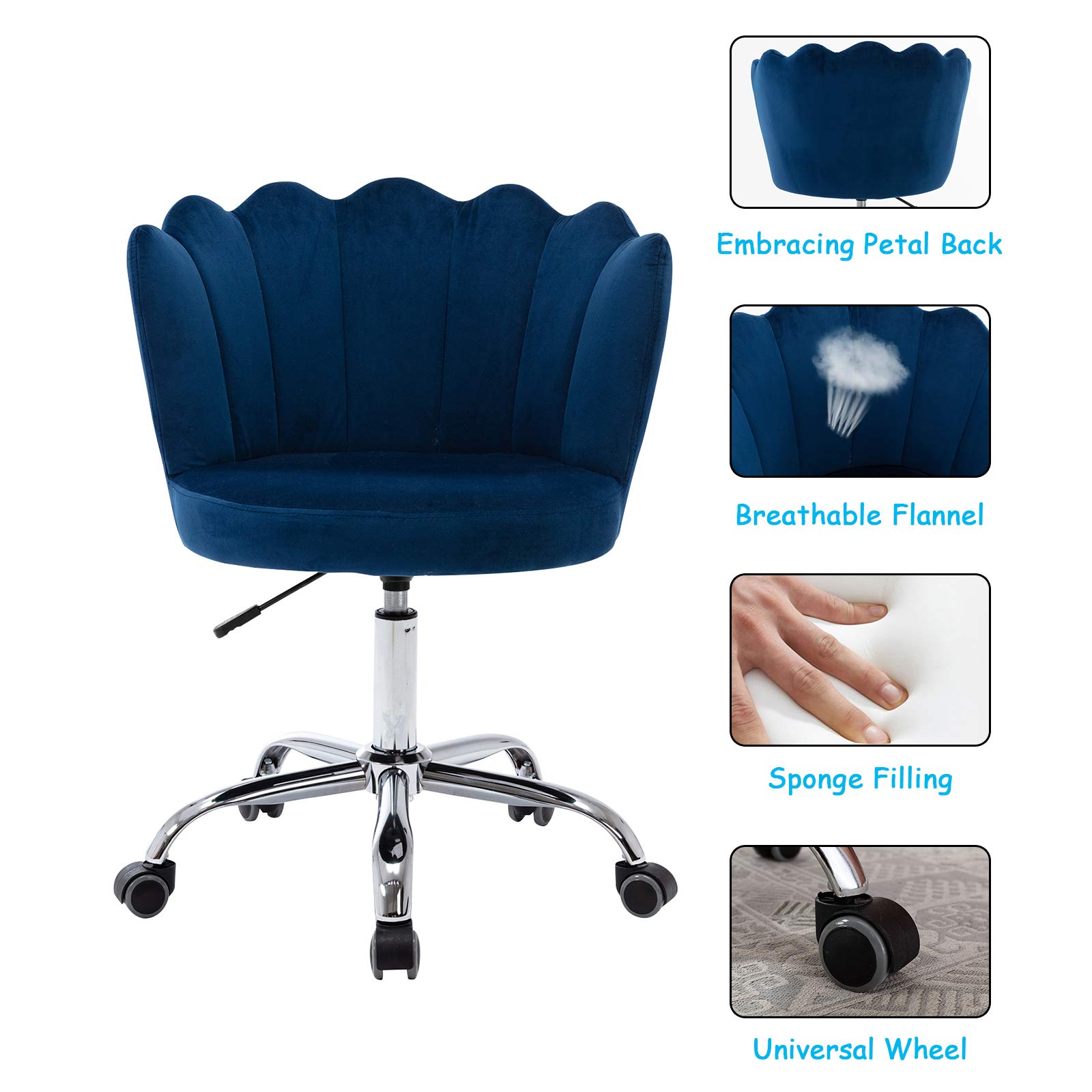 Modern Velvet Swivel Chair - Mid Century Upholstered Accent Chair with Adjustable Height | Velvet Desk Chair & Vanity Stool for Living Room, Bedroom & Home Office | Blue Velvet Leisure Armchair for Reading, Working & Relaxing
