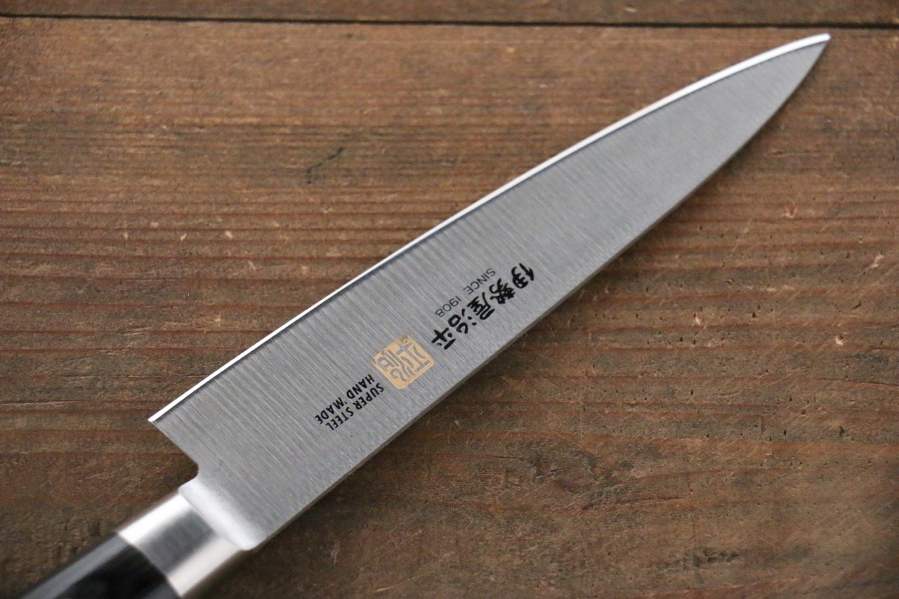 Iseya 120mm Molybdenum Petty Utility Knife with Black Pakka Wood Handle - Perfect for Slicing, Dicing, and Precision Kitchen Tasks