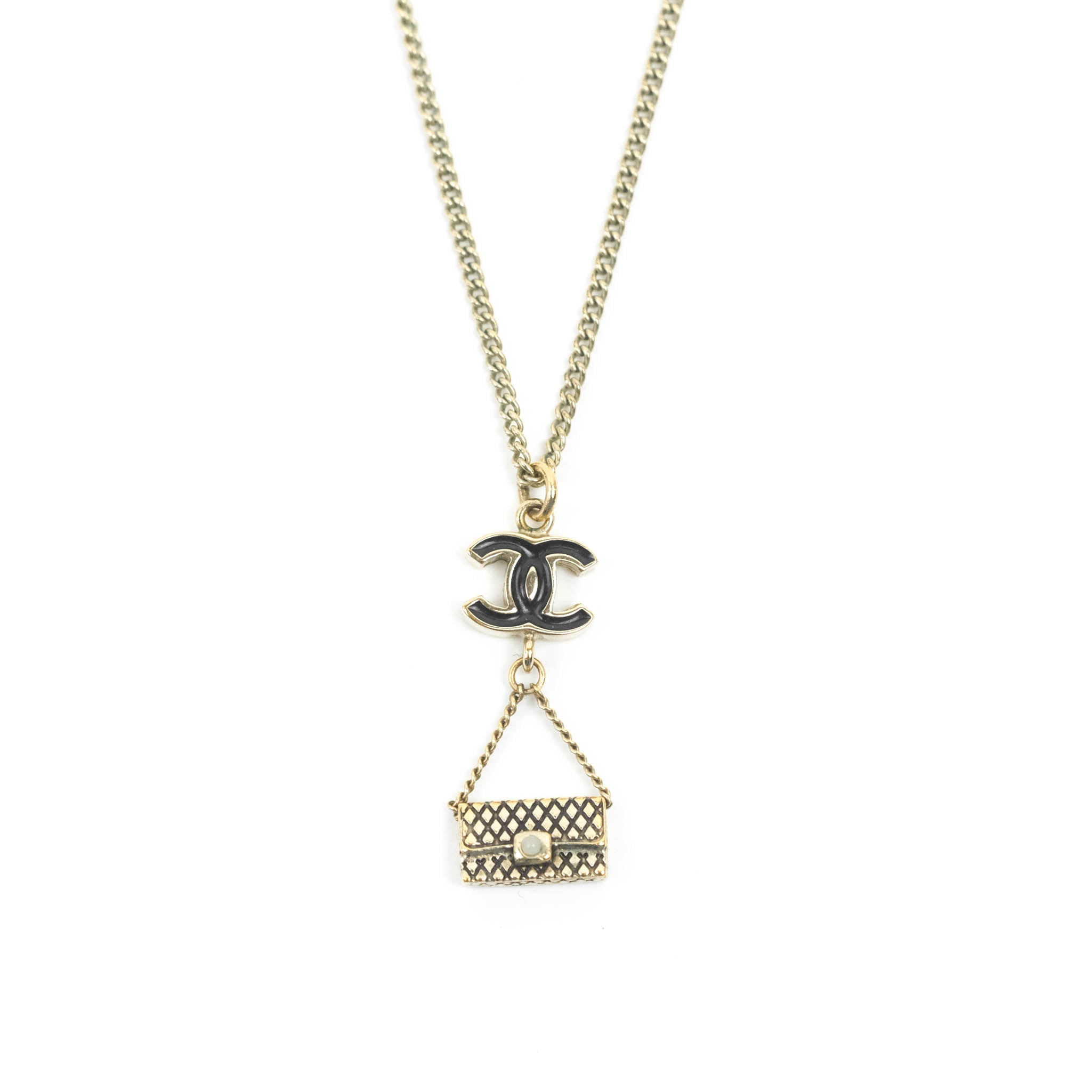 Chanel CC Black Enamel Flap Bag Charm Pendant Necklace in Gold Tone - Elegant Jewelry Gift for Women, Perfect for Parties, Date Nights & Special Occasions