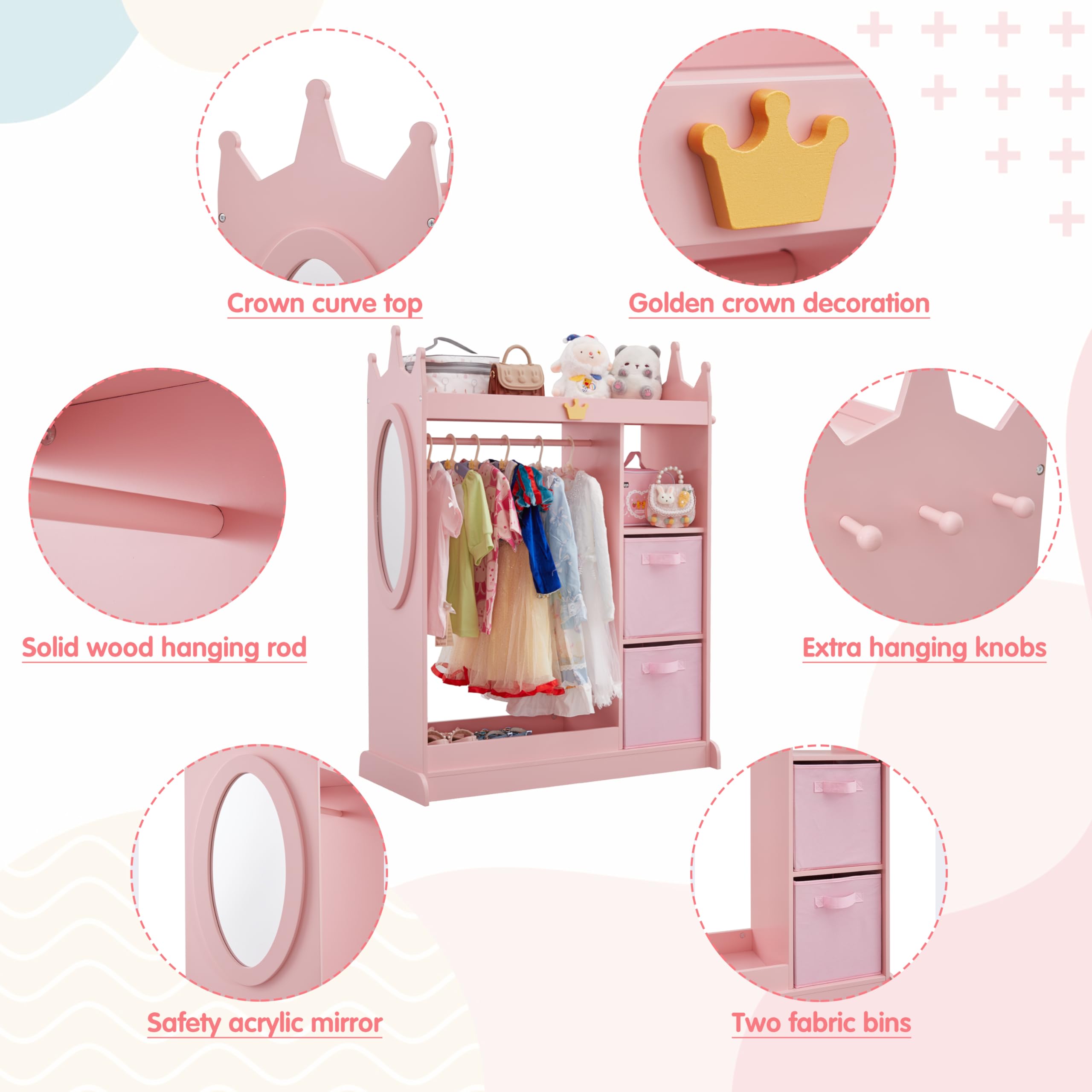 Pink Kids Dress Up Storage Closet with Mirror, 2 Storage Bins & Hangers - Play Armoire Dresser for Bedroom, Playroom & Pretend Play - Perfect for Organizing Costumes, Toys & Dress-Up Accessories
