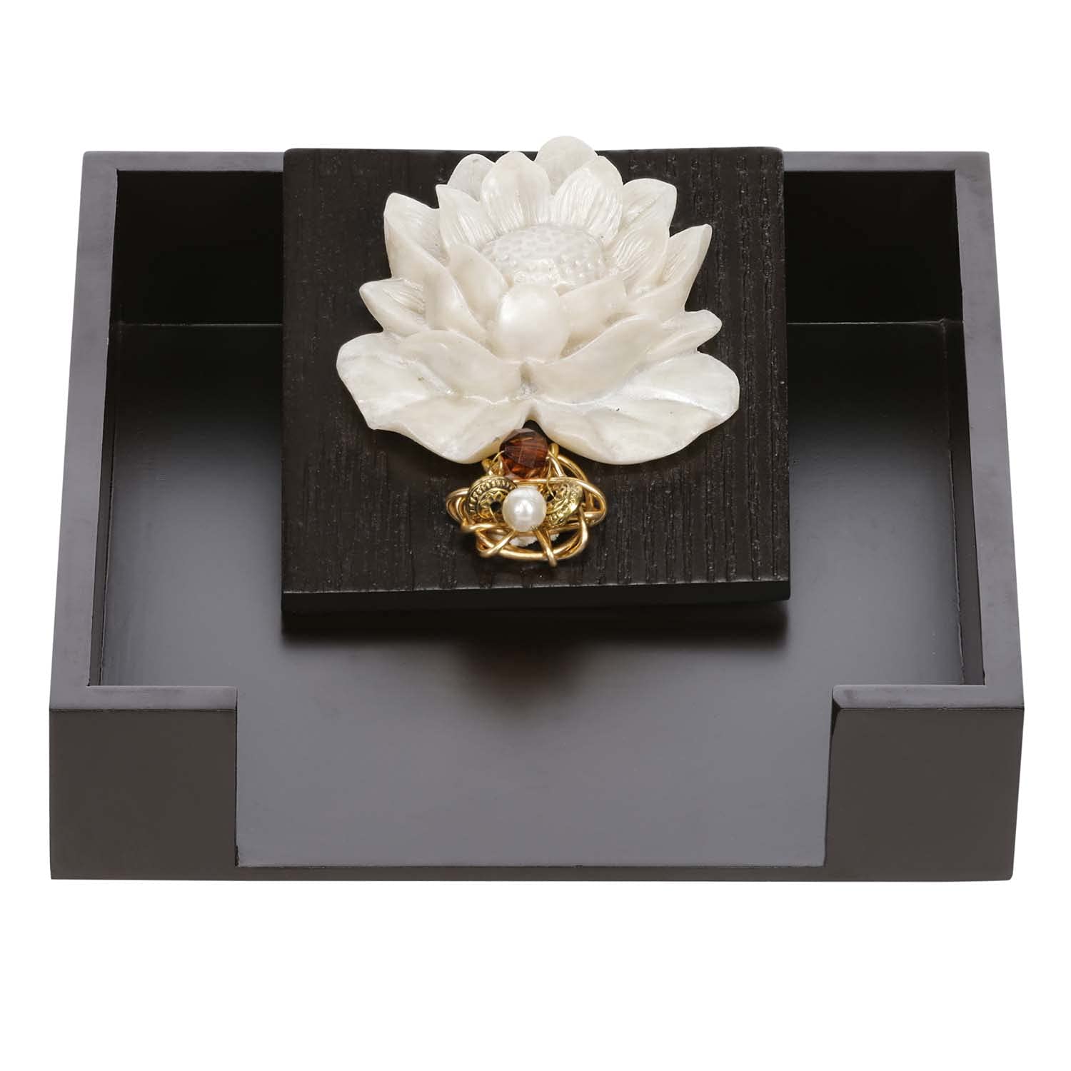 Wooden MDF Flat Napkin Holder for Dining Table - Weighted Flap Cocktail Tissue Paper Stand, Stylish Lotus Design for Home, Restaurant & Party Decor