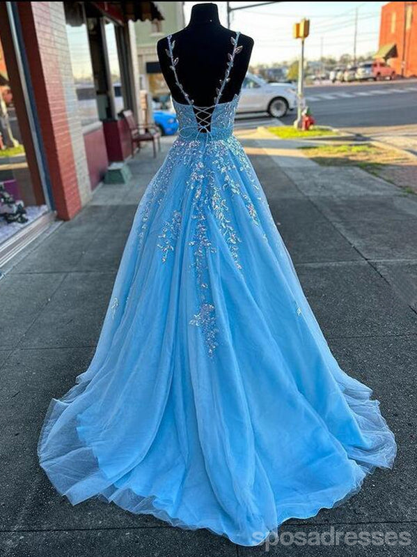 Elegant Blue A-Line Spaghetti Strap V-Neck Long Prom Dress for Women - Perfect for Formal Events, Evening Parties & Special Occasions