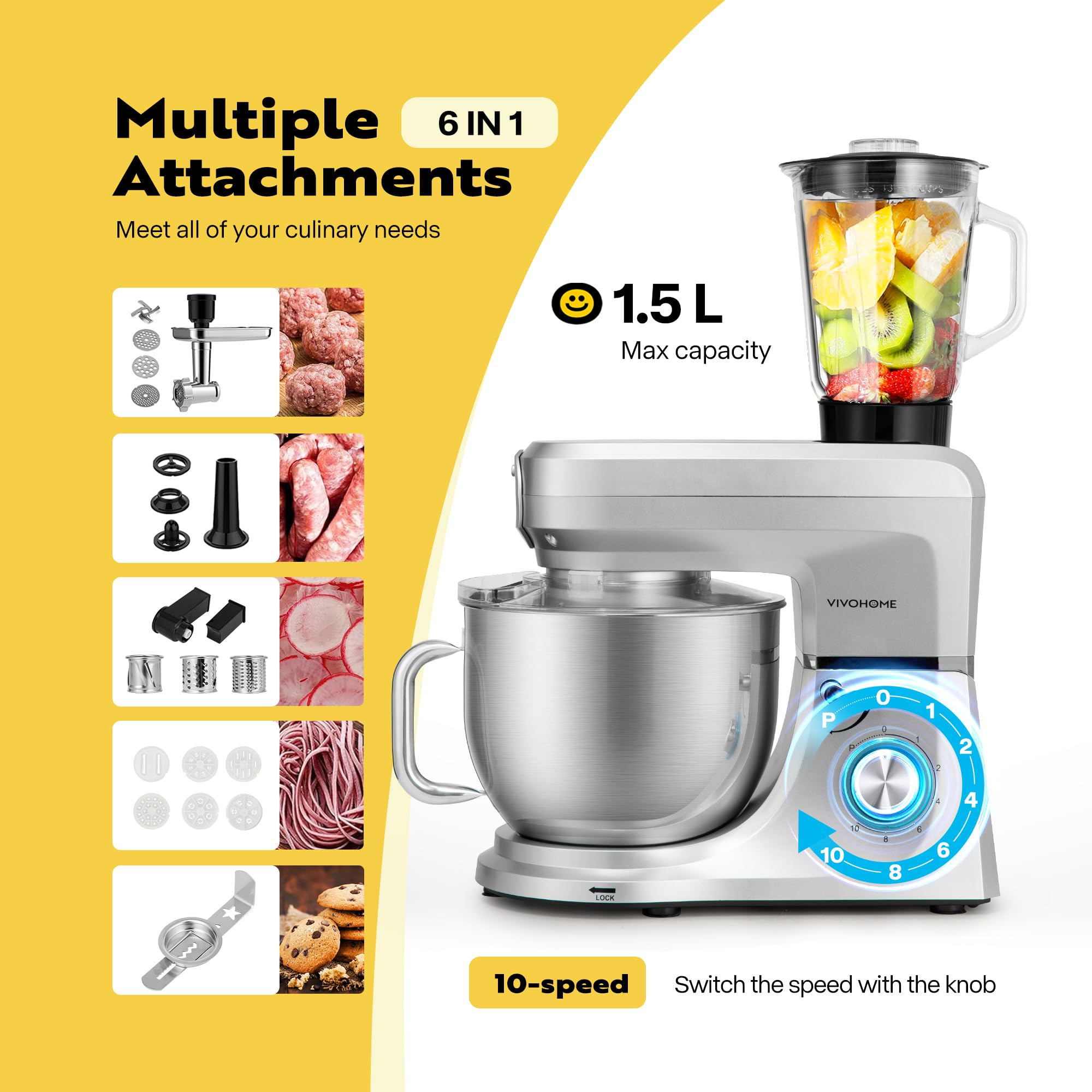 VIVOHOME 6-in-1 Multifunctional Stand Mixer with 8.5 Quart Stainless Steel Bowl, 660W 10-Speed Tilt-Head Meat Grinder, Juice Blender, Vegetable Slicer, Pasta & Cookie Maker - Perfect for Baking, Cooking & Meal Prep in Home Kitchen (Silver)