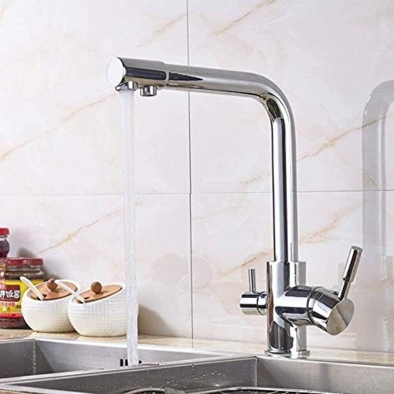 CRJUS Luxury Chrome Brass Kitchen Faucet - 3-Way Filter Drinking Water System with Double Handle for Hot & Cold Water - Perfect for Modern Kitchens & Home Renovations
