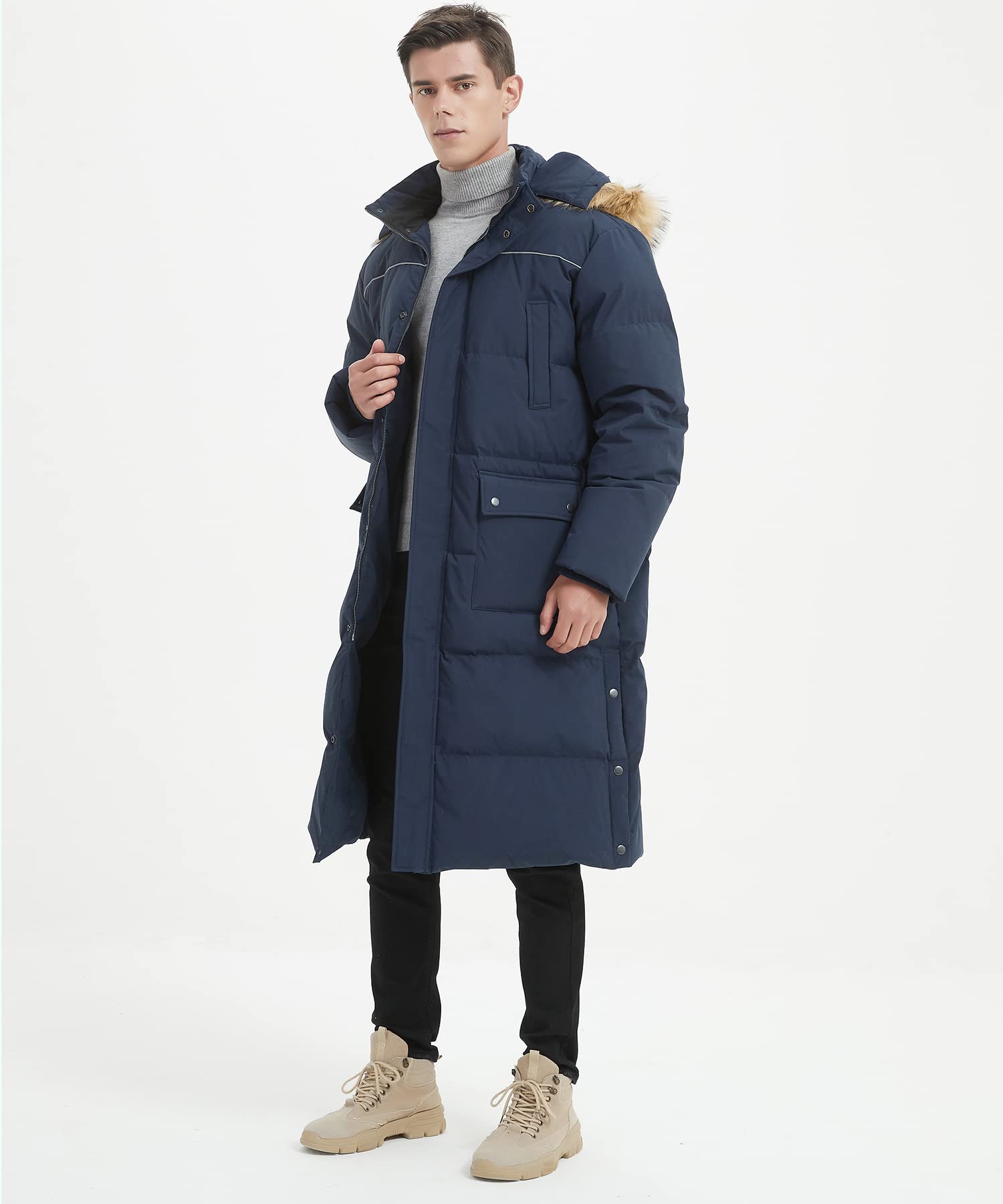 Men's Long Down Coat - Thickened Winter Puffer Jacket, Maxi Length Down Parka in Navy Blue | Warm & Stylish for Cold Weather, Outdoor Activities & Daily Wear