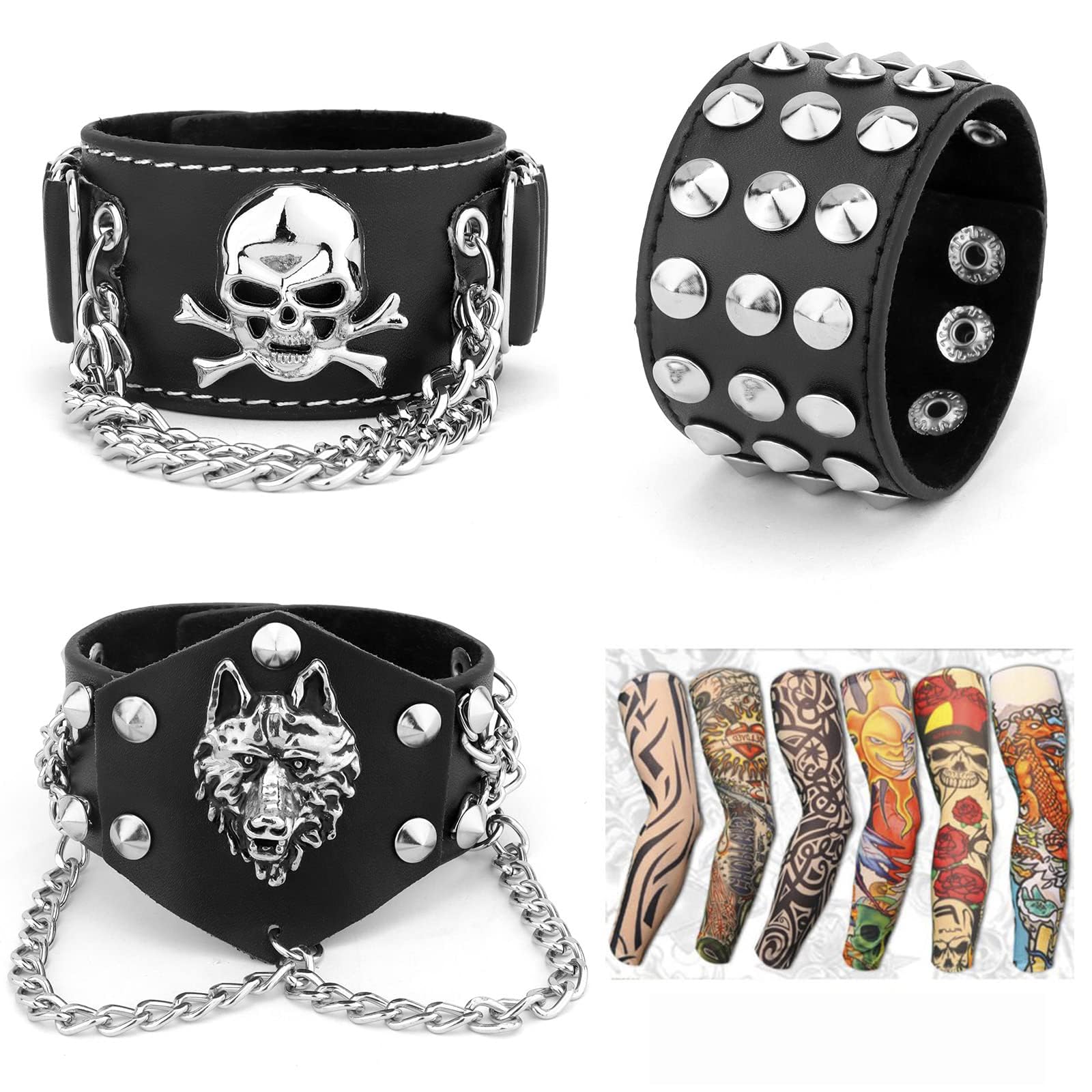 **YARIEW 3-Piece Spike Studded Rivet Punk Rock Biker Leather Bracelet Set - Adjustable Wide Strap Chain Wristband for Men - 80s Costume Accessories + 6-Piece Temporary Tattoo Sleeves - Perfect for Halloween, Rock Concerts, and Biker Events**