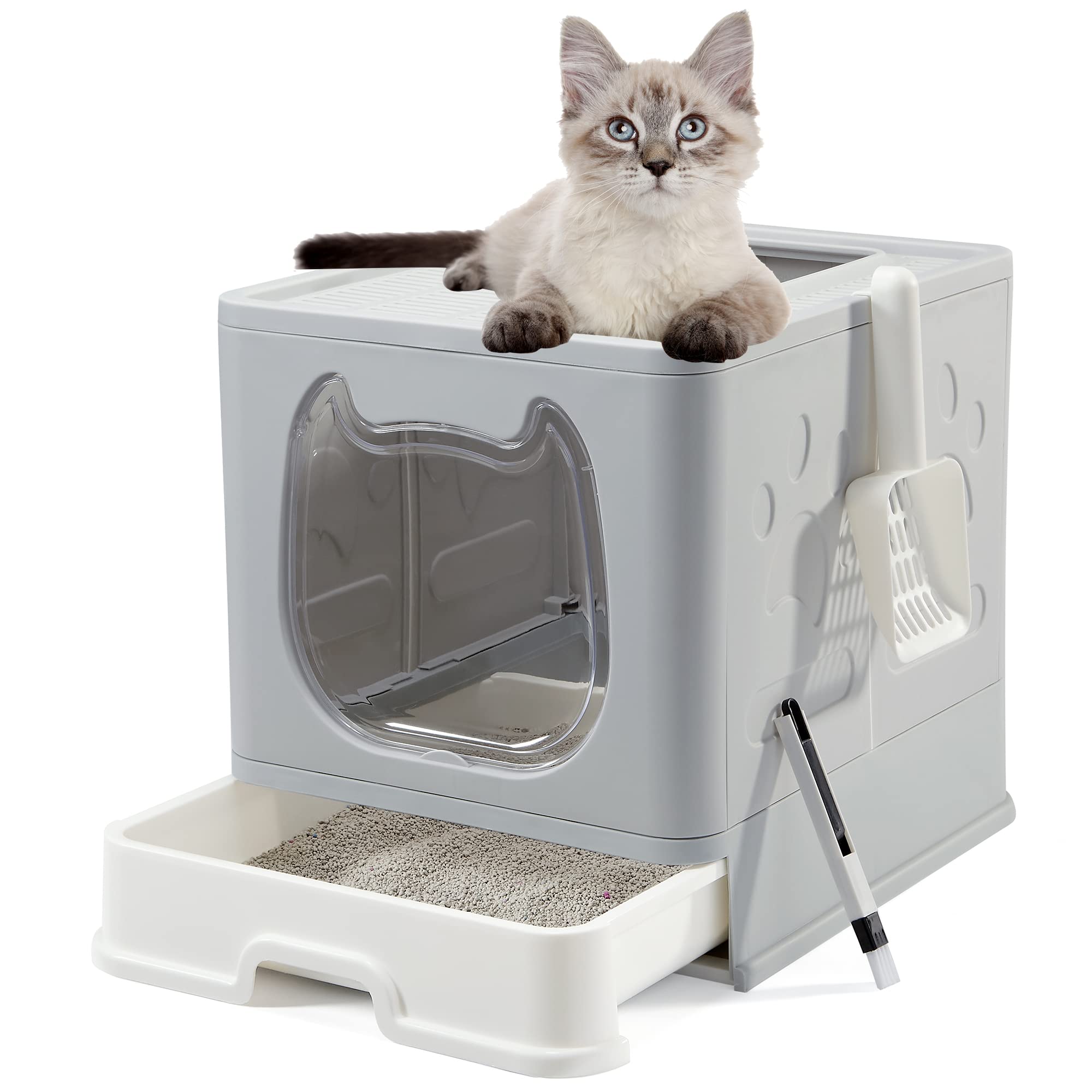 Foldable Covered Cat Litter Box with Lid - Includes Litter Scoop & 2-in-1 Brush - Easy Clean Enclosed Litter Pan for Kittens & Adult Cats | Perfect for Small Spaces, Apartments & Travel Use