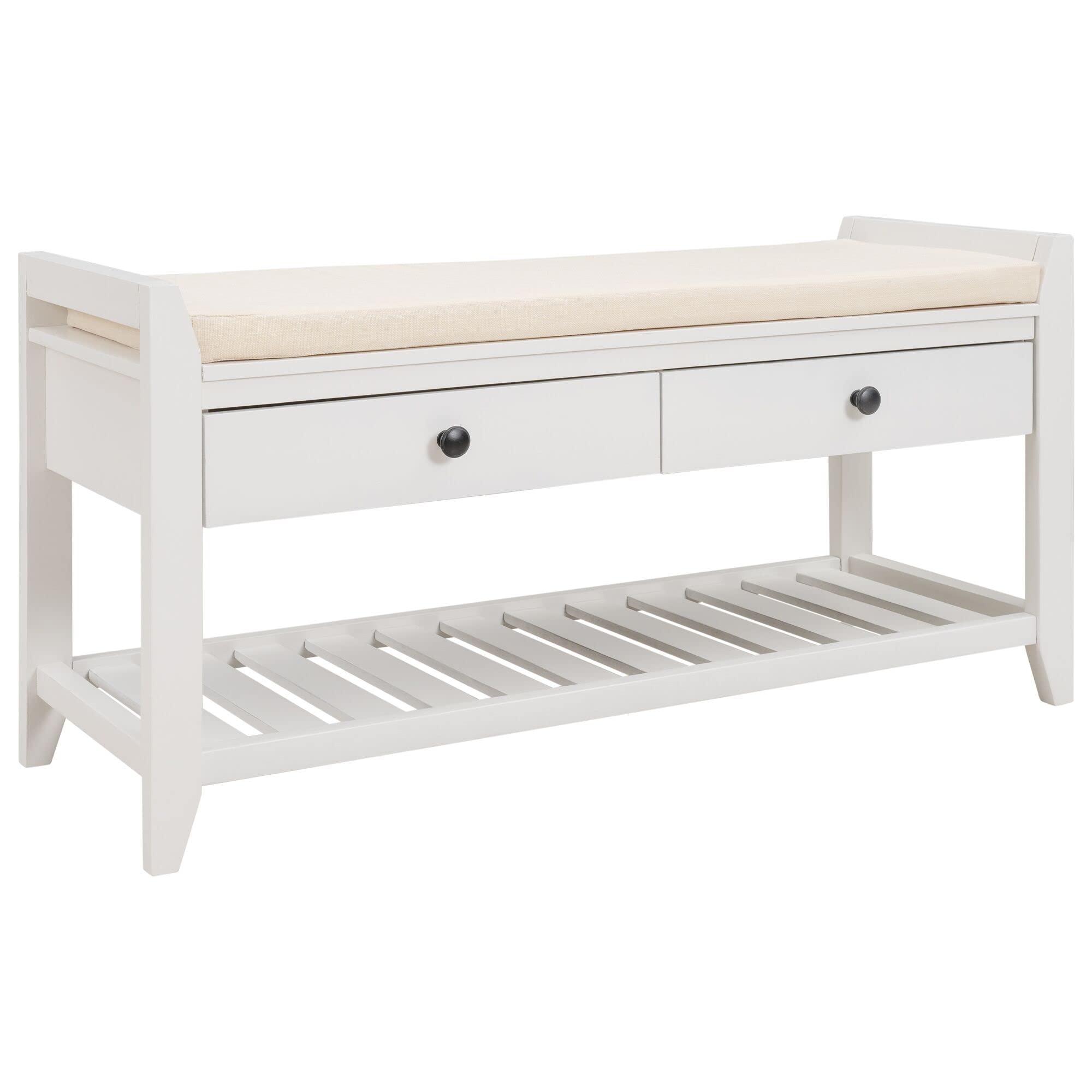 KOLESIN Storage Bench with Cushioned Seat - 2-Tier Shoe Rack Organizer with Drawers & Shelf for Entryway, Living Room, Bedroom - Multipurpose Entryway Bench for Shoes, Blankets & Home Decor Storage