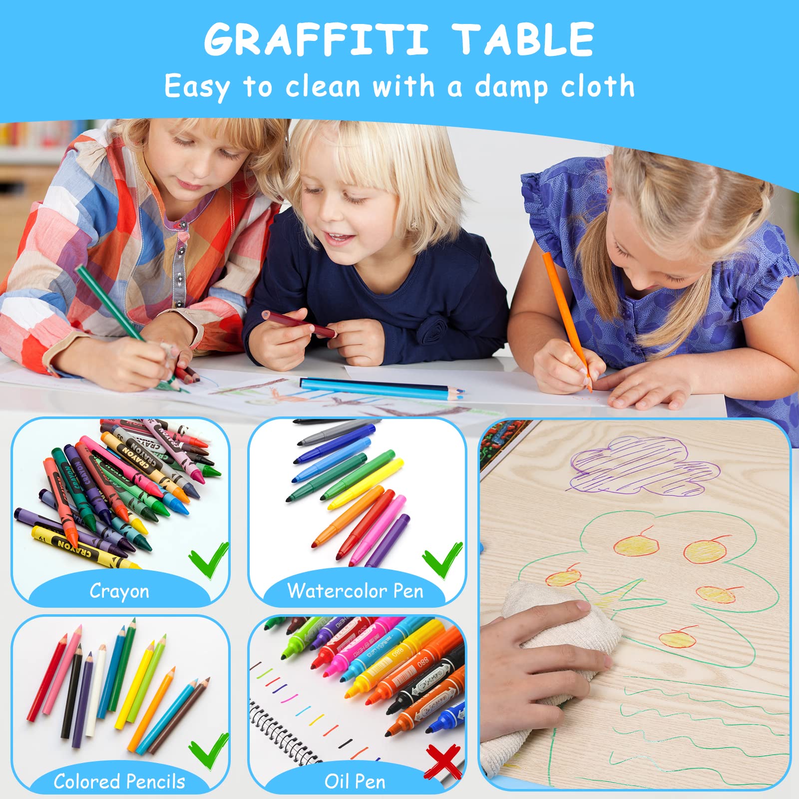 Arlopu Adjustable Height Kids Table and 4 Chairs Set - Non-Slip Toddler Activity Table with Graffiti-Proof Surface - Blue Children's Furniture for Reading, Drawing, Daycare & Home Classroom Use