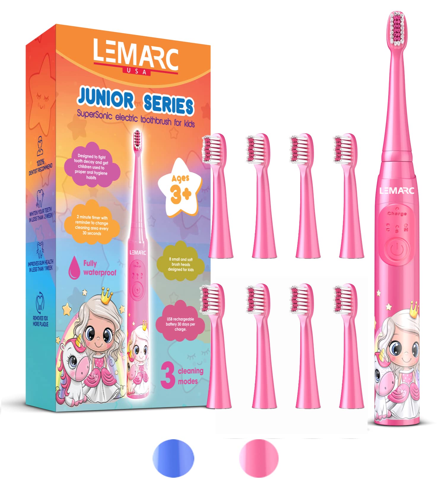 Supersonic Kids Electric Toothbrush with 8 Dupont Brush Heads - USB Rechargeable, Adjustable Vibration Speed & Massage Mode, 2-Minute Timer, Waterproof - Ideal for Children Ages 3+ | Perfect for Gentle Teeth Cleaning & Oral Care Routine at Home or Travel