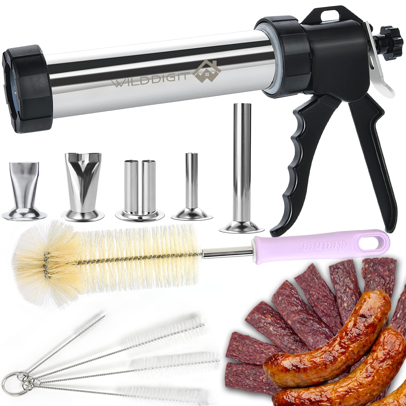 WILDDIGIT Professional Beef Jerky Gun Kit - Stainless Steel Jerky Maker with 5 Nozzles & 5 Brushes | Perfect for Homemade Jerky, Camping Snacks & Outdoor Adventures