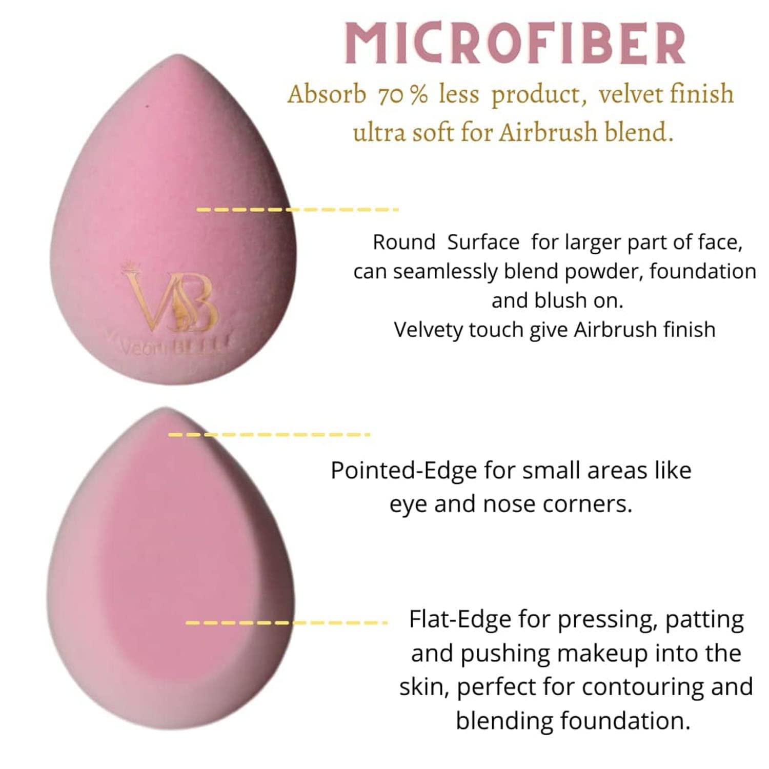 Veoni Belle Velvet Microfiber Beauty Blender - Super Soft Pink Makeup Sponge for Flawless Foundation & Concealer Application - Perfect for Everyday Makeup & Professional Use