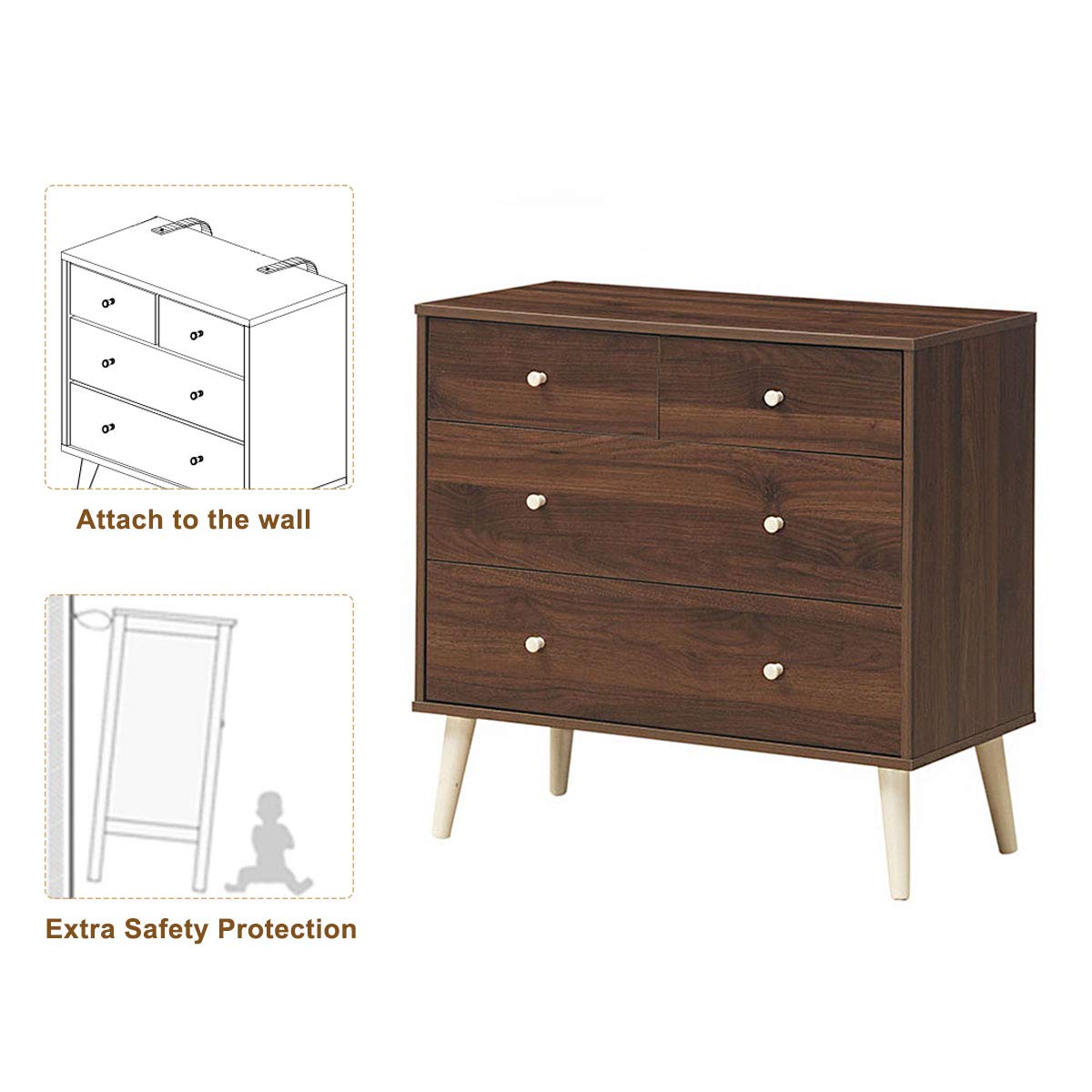 Giantex 4-Drawer Wooden Dresser with Sliding Rails - Free Standing Storage Cabinet for Bedroom, Living Room & Hallway - Coffee Brown Finish - Perfect for Clothes, Blankets & Home Organization