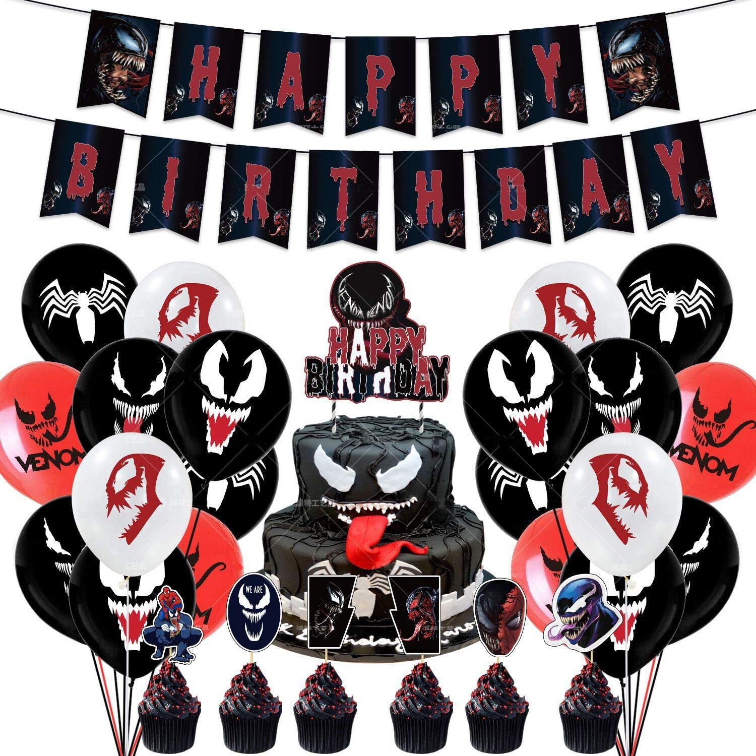 Eiveny 47-Piece Venom Party Supplies Kit - Halloween Decorations with Banner, Balloons, Cupcake Toppers & Coil - Perfect for Superhero Themed Birthday Parties, Halloween Celebrations & Comic Book Lover Events