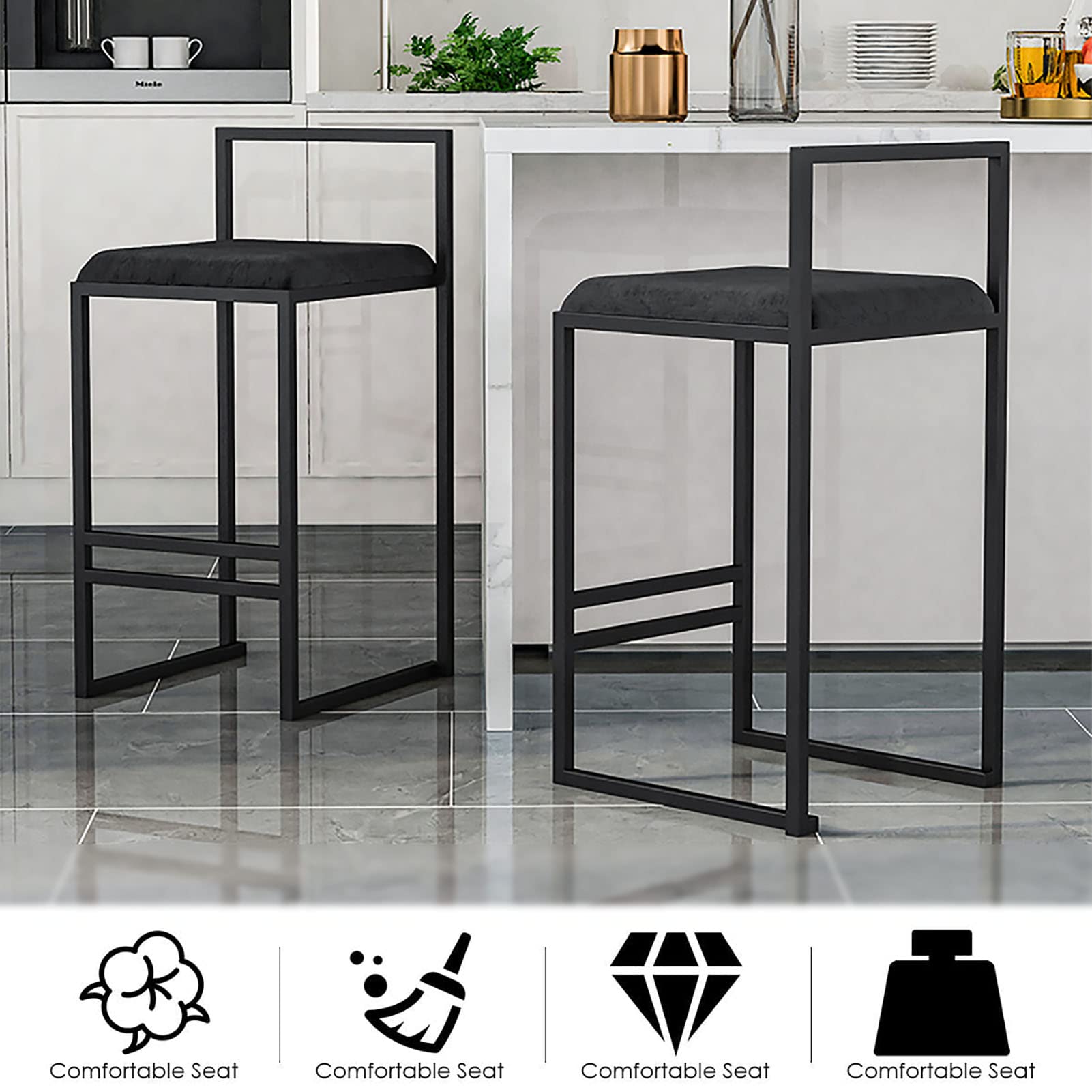 2-Pack 25.5 Inch Black Bar Stools with Metal Frame & Footrest - Counter Height Kitchen Stools for Breakfast Bar, Dining, Home Decor & Small Spaces