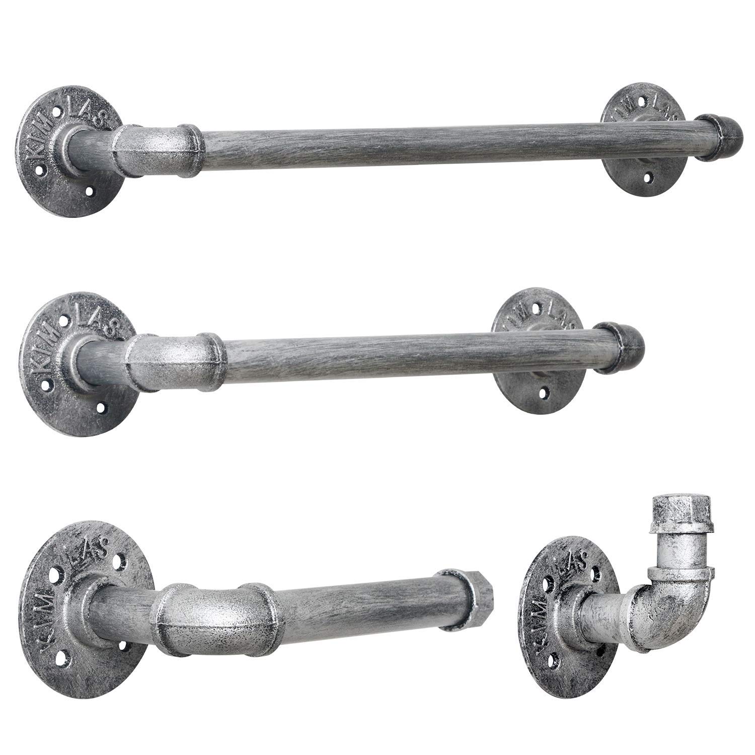 HouseAid 4-Piece Industrial Pipe Towel Holder Set - Rustic Steel Bathroom Towel Rack Kit with Wall Mount, Farmhouse Vintage Style Towel Bar Accessories in Antique Silver - Perfect for Bathroom, Laundry Room, and Kitchen Organization