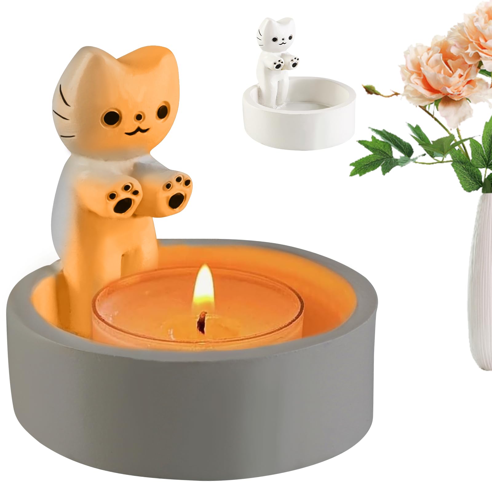 Cute Cartoon Kitten Candle Holder - Handmade Ceramic Cat Candlestick with Warming Paws for Scented Candles | Perfect Cozy Home Decor for Living Room, Bedroom & Gift Ideas