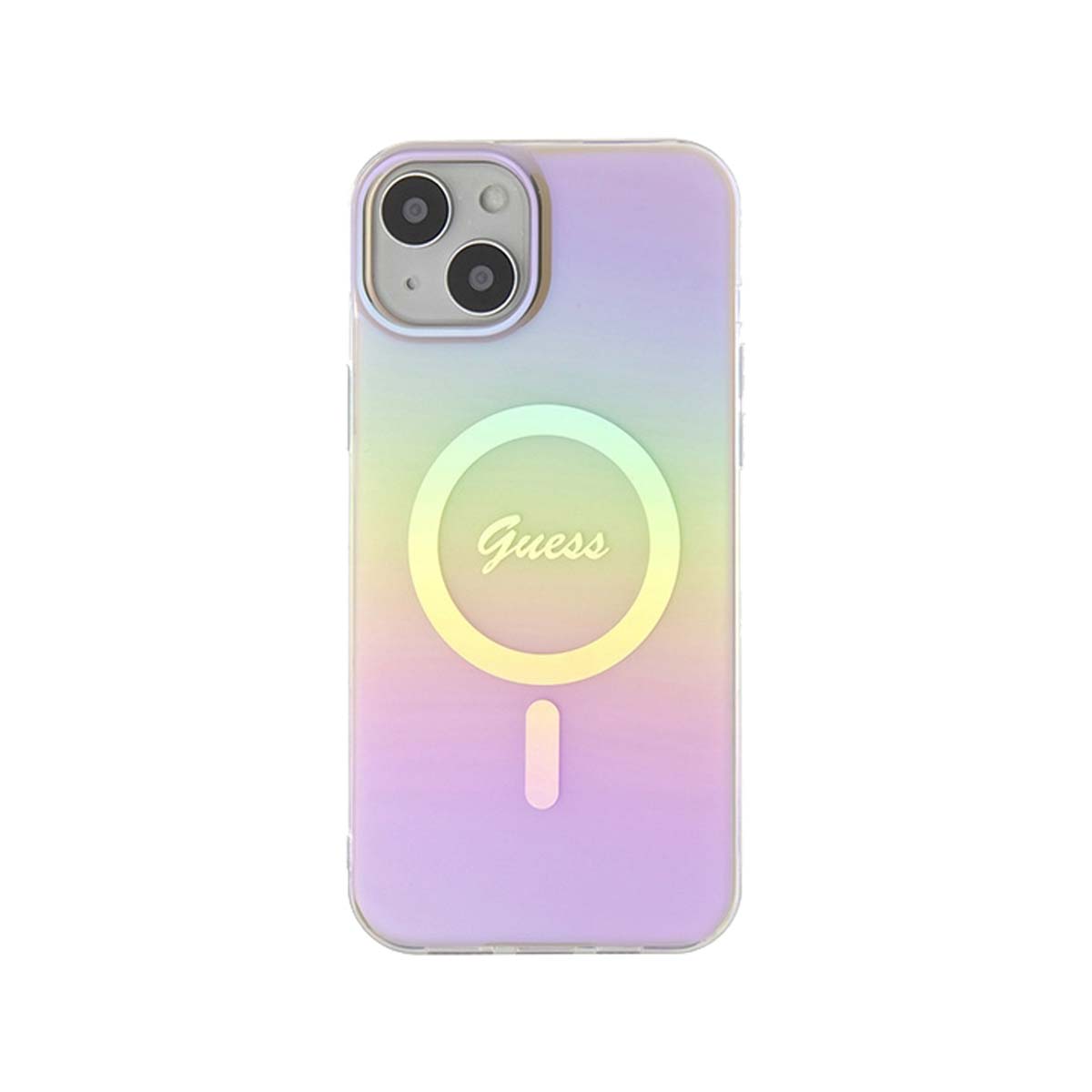 Guess Script MagSafe Phone Case for iPhone 15 Plus - Iridescent Pink | Slim Protective Cover with Magnetic Alignment | Perfect for Work, Travel & Everyday Use