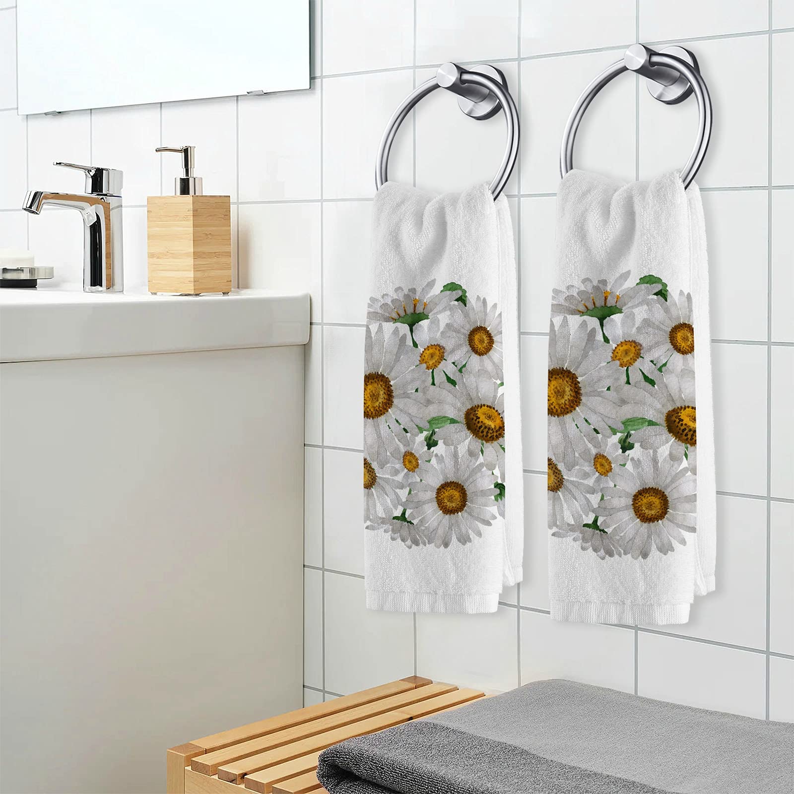 ALAZA Daisy Chamomile Floral Bath Towels Set of 2 - 100% Cotton Hand Towels 16x30 Inches, Super Absorbent & Skin-Friendly for Bathroom, Kitchen, Spa & Guest Use