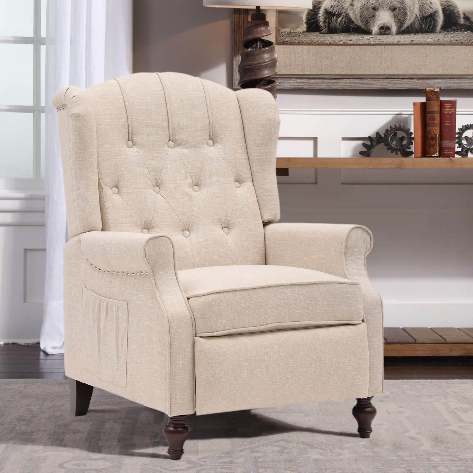 Luxury Wingback Recliner Chair with Massage & Heat - Tufted Vintage Reading Accent Chair for Living Room & Bedroom - Comfortable Napping Recliner Sofa (Beige) | Perfect for Relaxation, Home Theater & Cozy Reading Corners