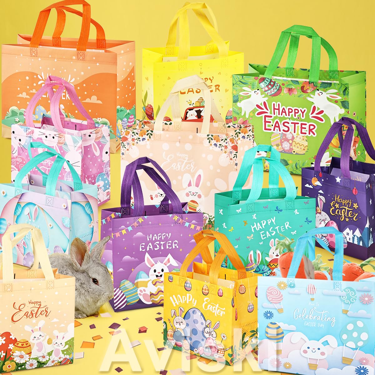 6PCS Easter Egg Hunt Bags with Handles - Assorted Sizes Bunny Carrot Chick Design, Reusable Non-Woven Easter Treat Bags for Gift Wrapping, Party Favors & Egg Hunt Games | Perfect for Easter Celebrations, School Events & Spring Festivities