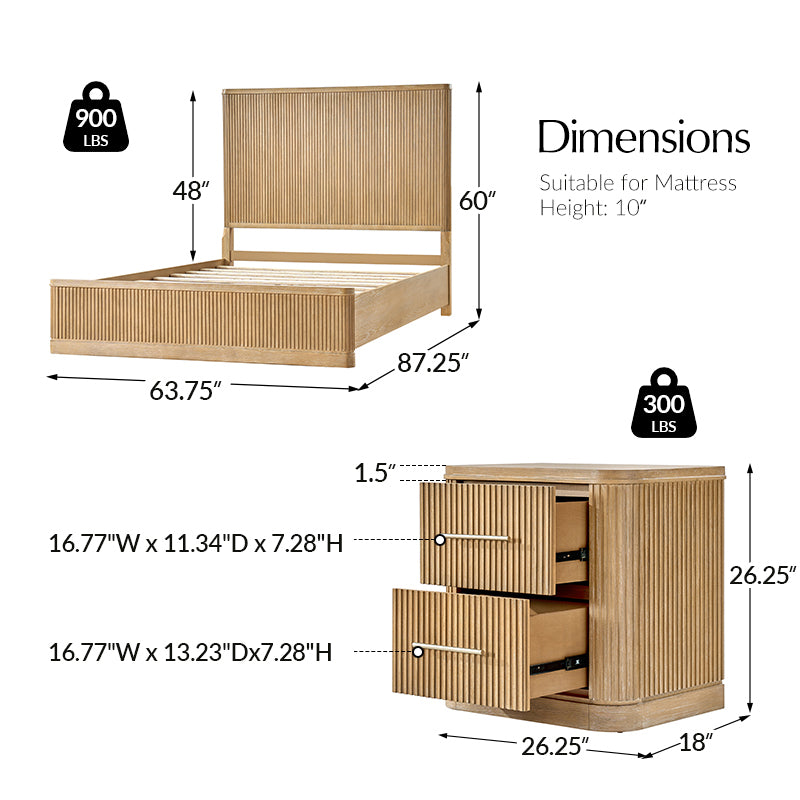 Modern Fluted Solid Wood Bedroom Set with Oak Texture - 3 Piece Queen Size Bed, Nightstand & Dresser | Elegant Bedroom Furniture for Master Suite, Guest Room & Apartment