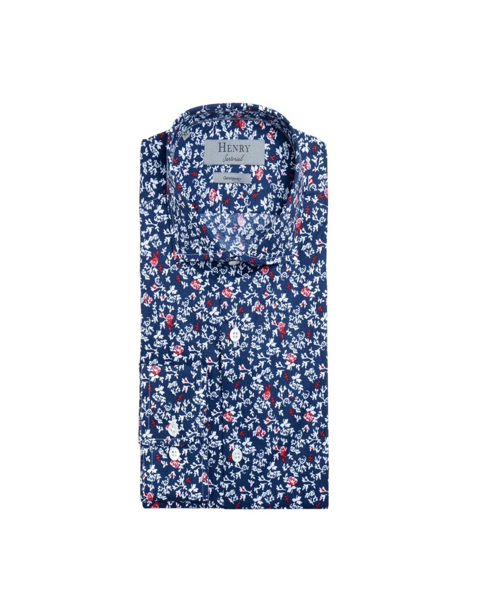 Henry Sartorial Floral Print Men's Casual Shirt - Navy & Red Hawaiian Style for Summer Beach Vacation and Outdoor Parties