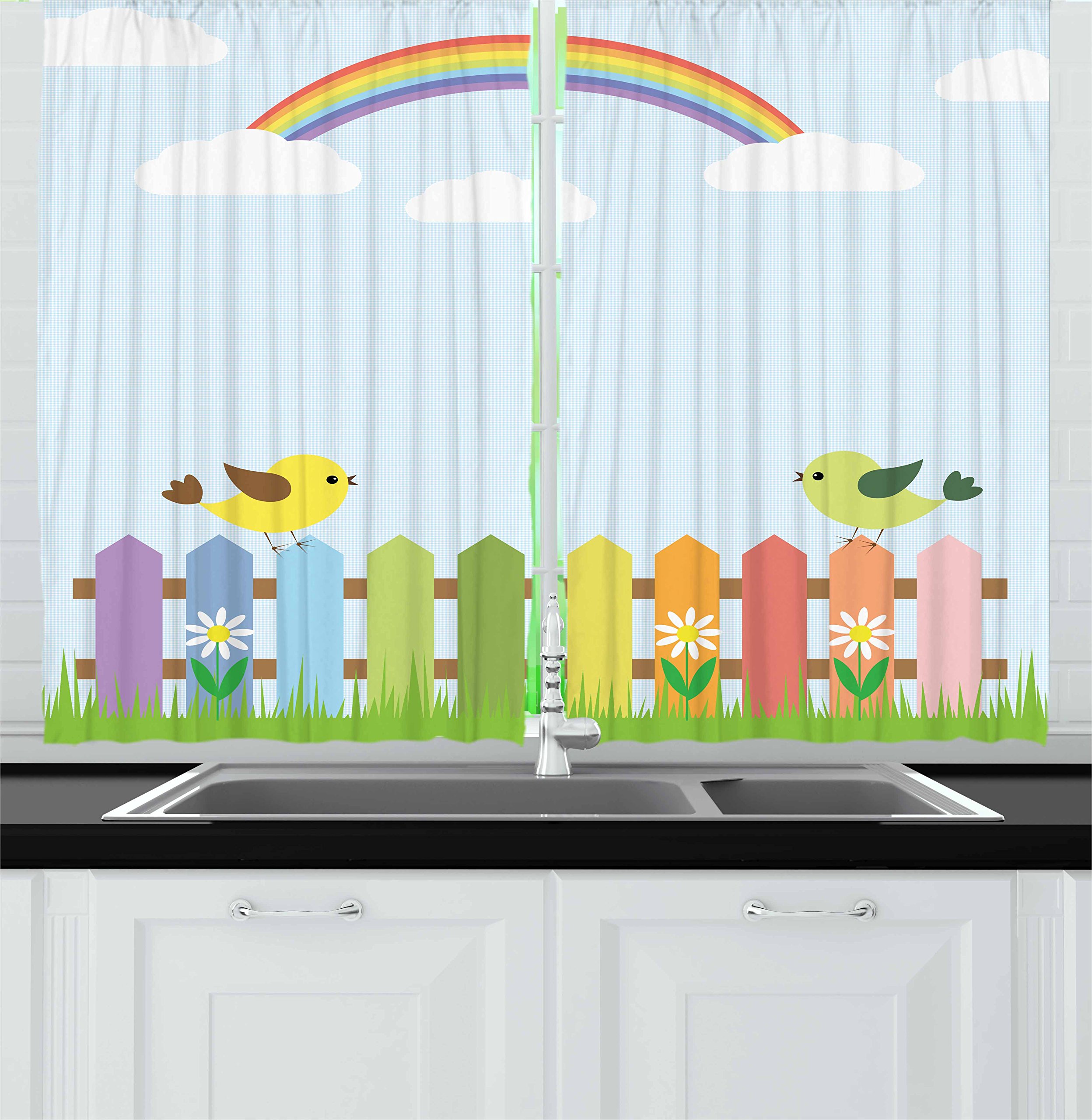 Vintage Rainbow Kitchen Curtains with Colorful Birds on Checkered Gingham Pattern - 2 Panel Set 55