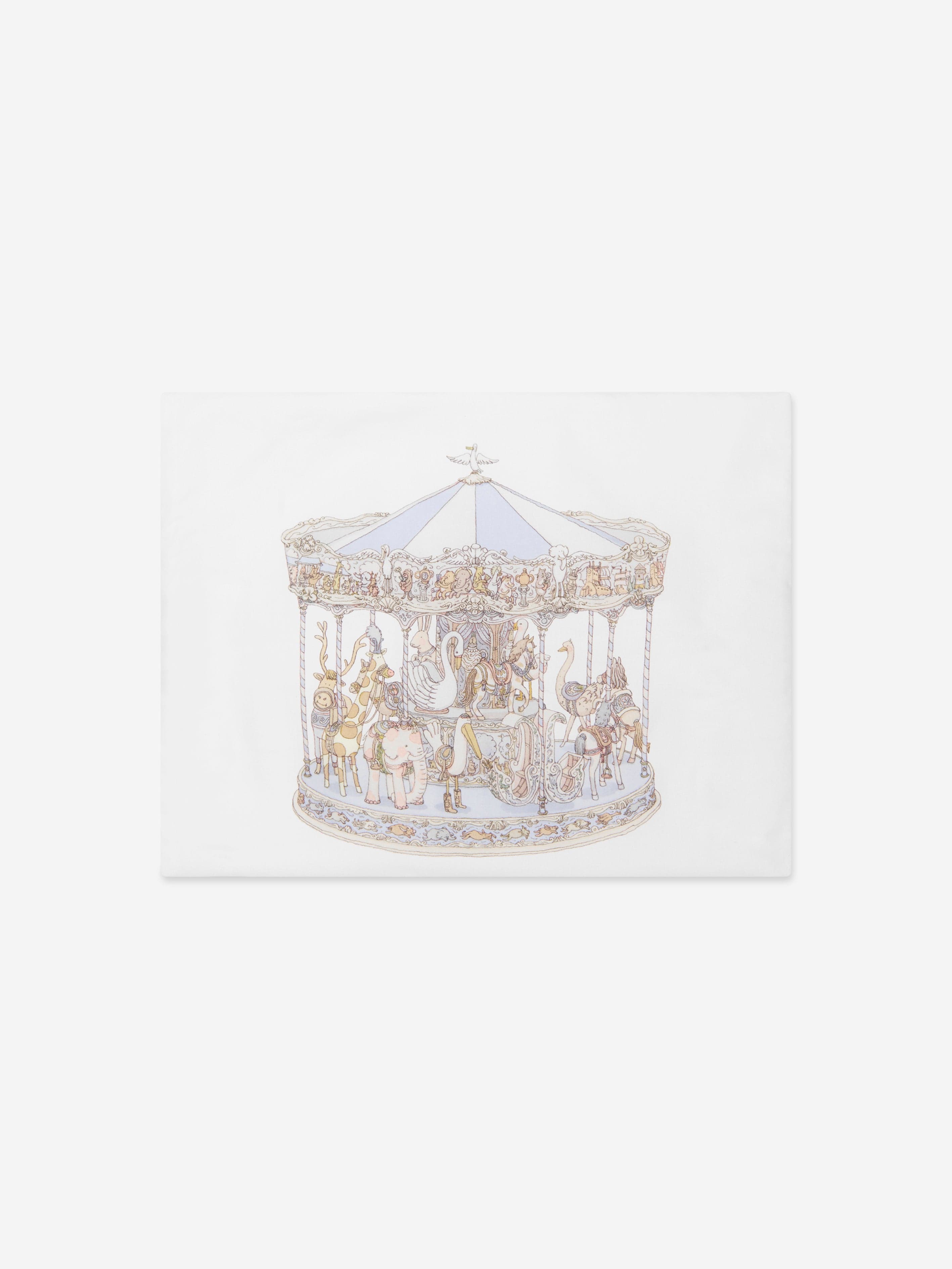Atelier Choux Boys Carousel Satin Cushion - Blue Decorative Pillow (40x30 cm) for Nursery, Baby Room, and Luxury Home Decor
