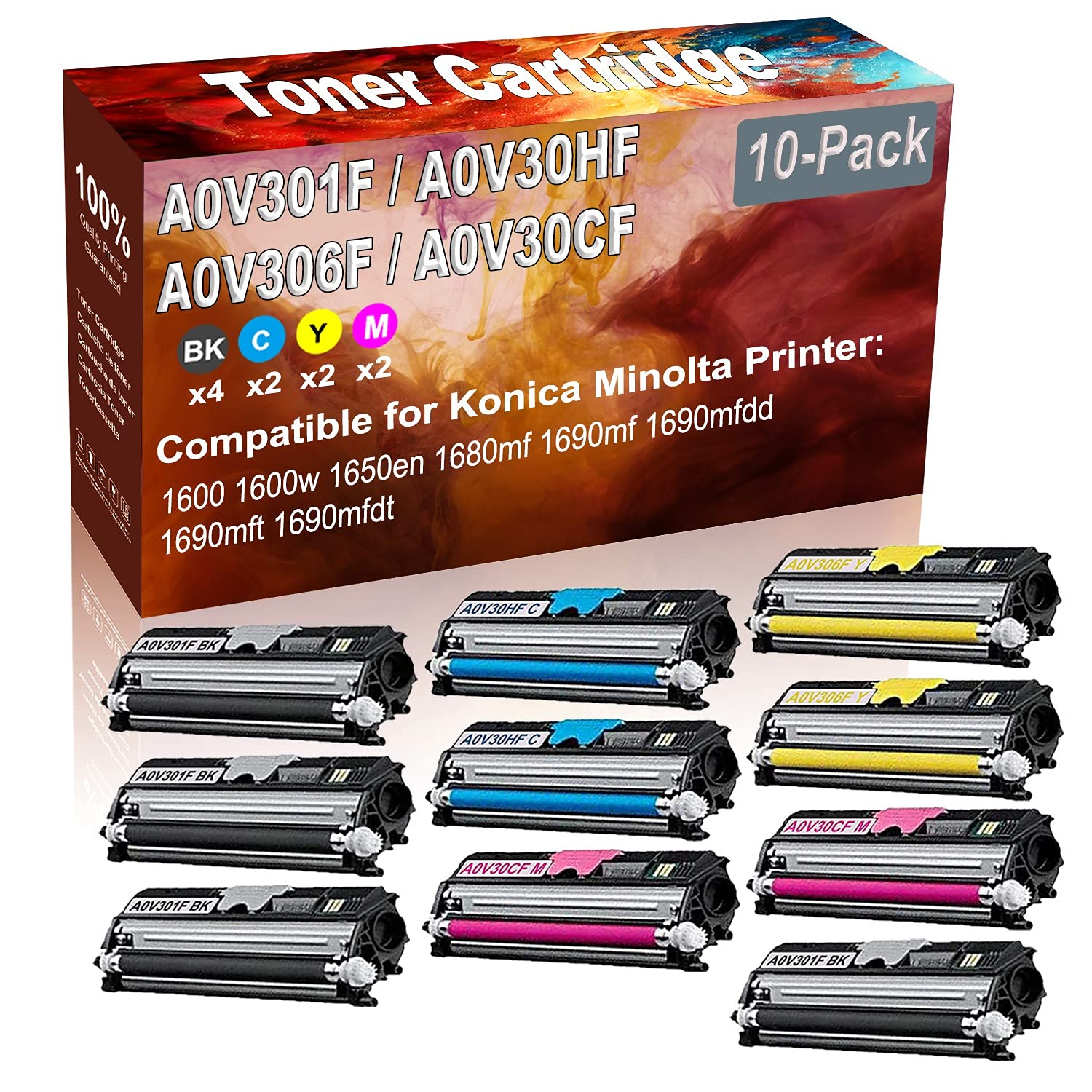 10-Pack (4BK+2C+2Y+2M) High Capacity Compatible 1600/1600W Laser Printer Toner Cartridge - Replacement for Konica Minolta A0V301F A0V30HF A0V306F A0V30CF - Ideal for Office Printing, Bulk Printing & High-Volume Document Production