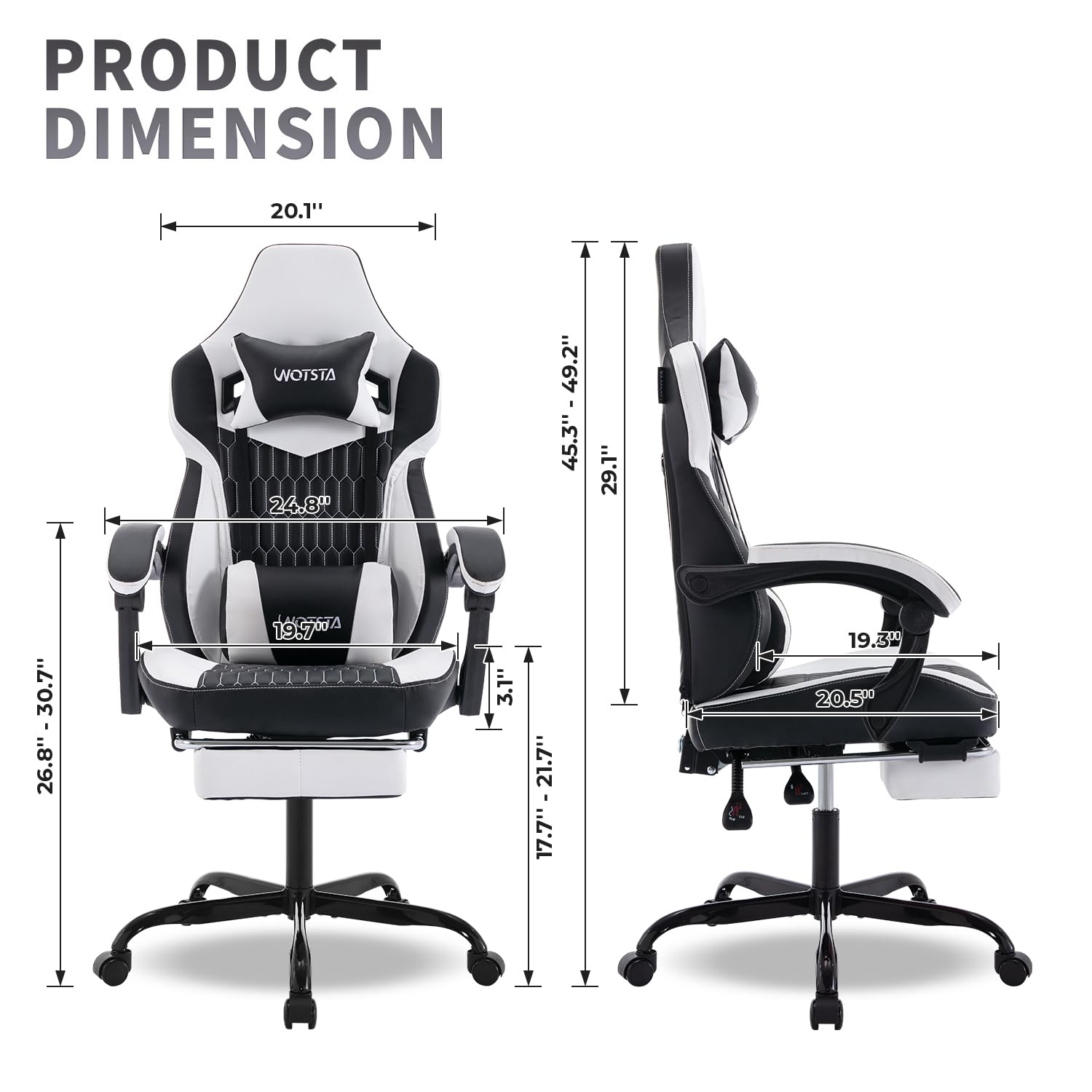 Premium Ergonomic Gaming Chair with Adjustable Footrest & Lumbar Support - High Back Racing Style PC/Office Chair with Headrest - PU Leather Video Game Chair for Home & Work (Black/White) - Perfect for Long Gaming Sessions, Streaming & Remote Work