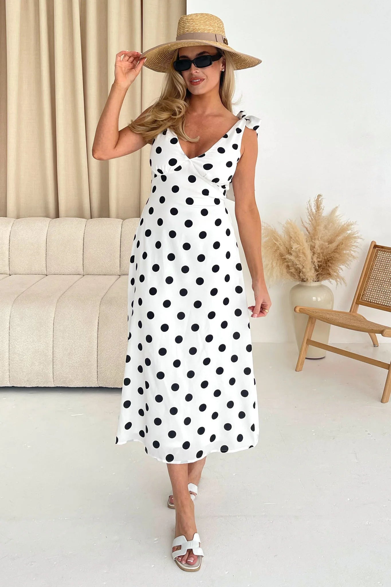 Beverly Tie Shoulder Midi Dress - White & Black Polka Dot Floral Print Summer Dress for Women, Perfect for Beach Vacation, Date Night & Office Wear
