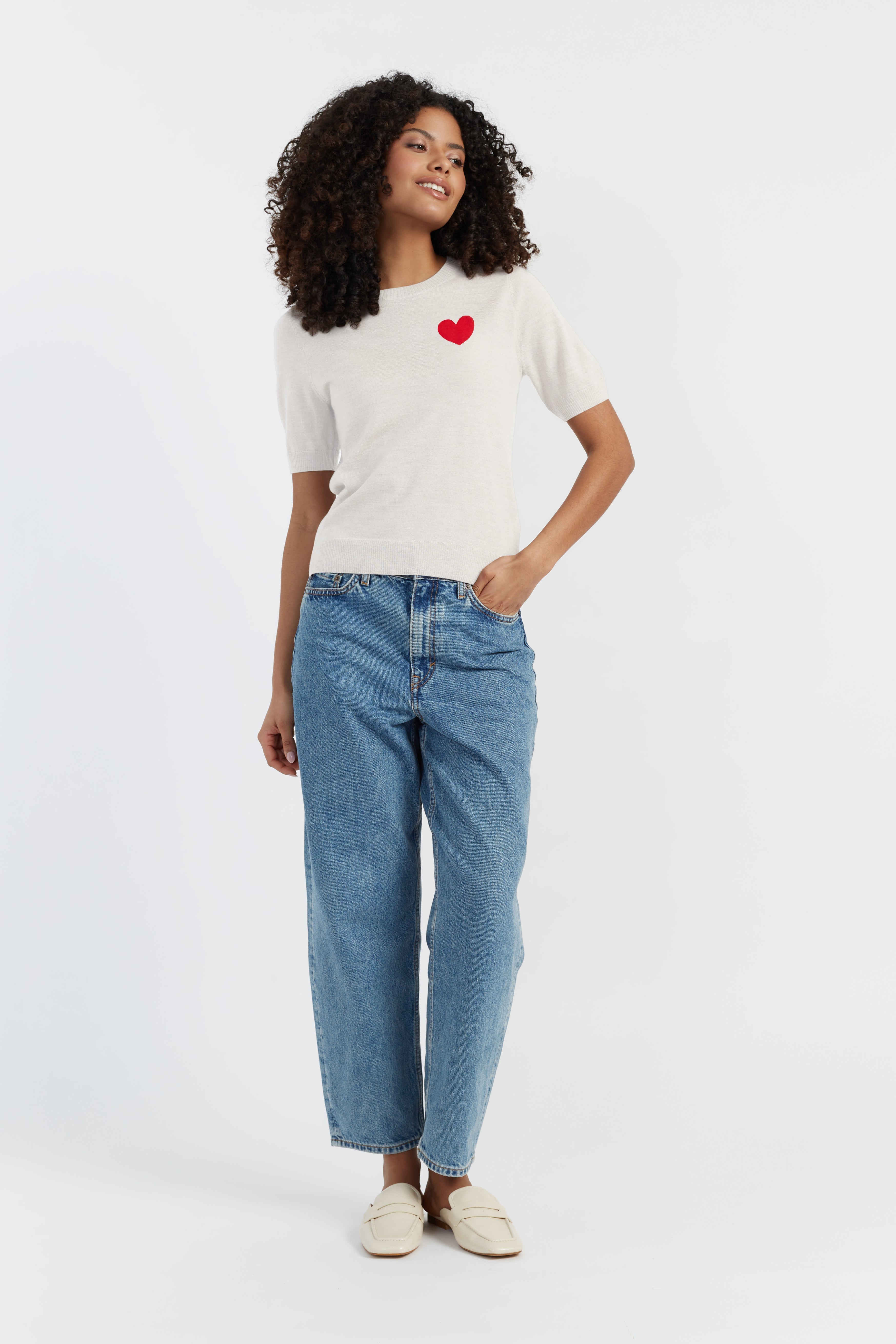 Premium Merino Wool Heart Print Breton T-Shirt for Women - Soft & Comfortable Casual Wear for Everyday Outfits and Layering
