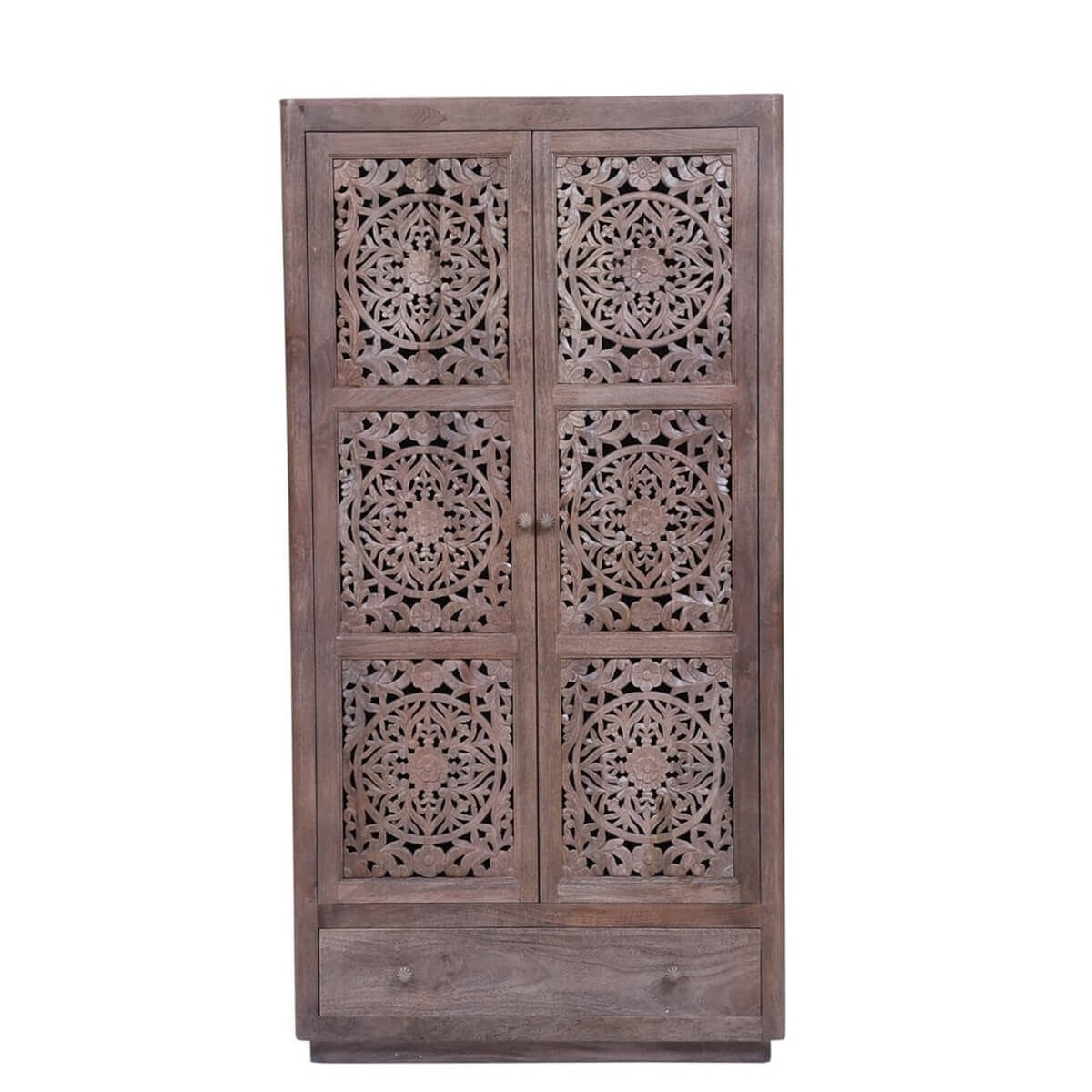 Hand Carved Reclaimed Wood Cabinet with Shelves and Drawers - Rustic Indian Furniture for Living Room, Bedroom & Kitchen Storage