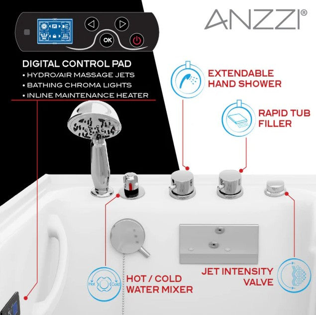 Anzzi 2953WCRWD 29x53 Inch Right Drain Walk-In Bathtub with Whirlpool Air Jets - Wheelchair Accessible Soaking Tub for Seniors & Mobility Needs | Bathroom Safety & Relaxation