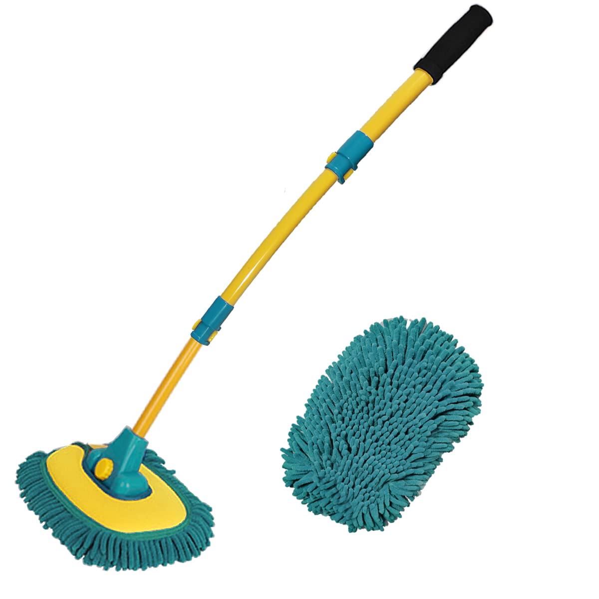 Long Handle Car Wash Brush with Microfiber Mitt, 1 Replacement Head & Extension Pole - Complete Car Cleaning Kit for Cars, Trucks, SUVs, and RVs - Ideal for Home and Professional Use