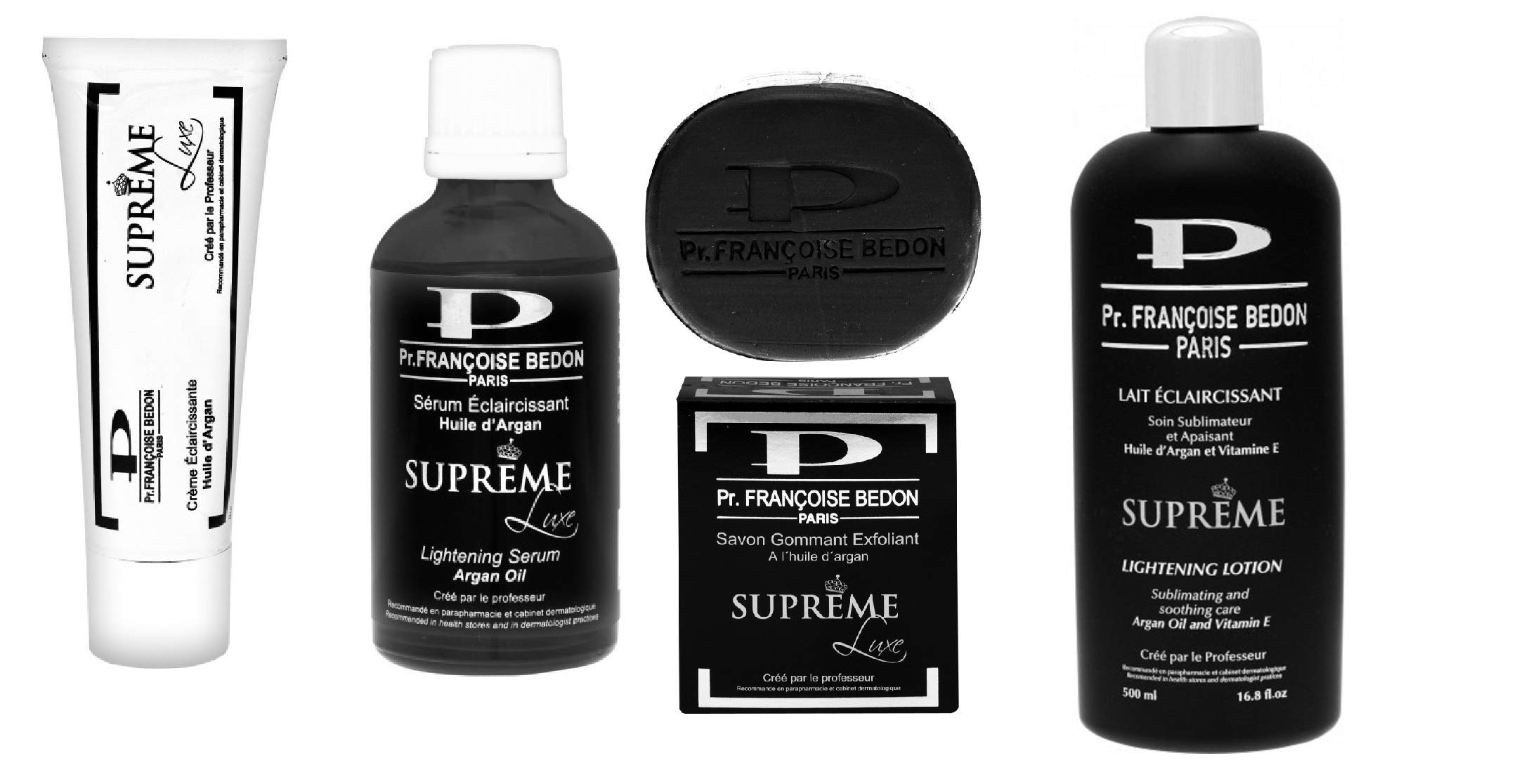 PR. FRANCOISE BEDON Supreme Lightening Skincare Set - Brightening Cream 1.7oz + Lotion 16.8oz + Serum 1.7oz + Exfoliating Soap 200g - Dark Spot Corrector for Face & Body - Perfect for Daily Skincare Routine & Hyperpigmentation Treatment