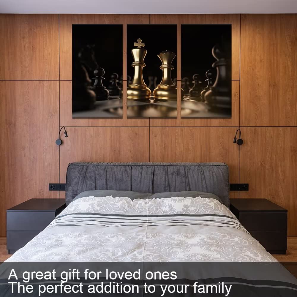 Black & Gold Chess Wall Art - King & Queen Canvas Paintings for Living Room & Office Decor | 3-Piece Framed Set (20x40in) | Perfect for Game Rooms & Gifts