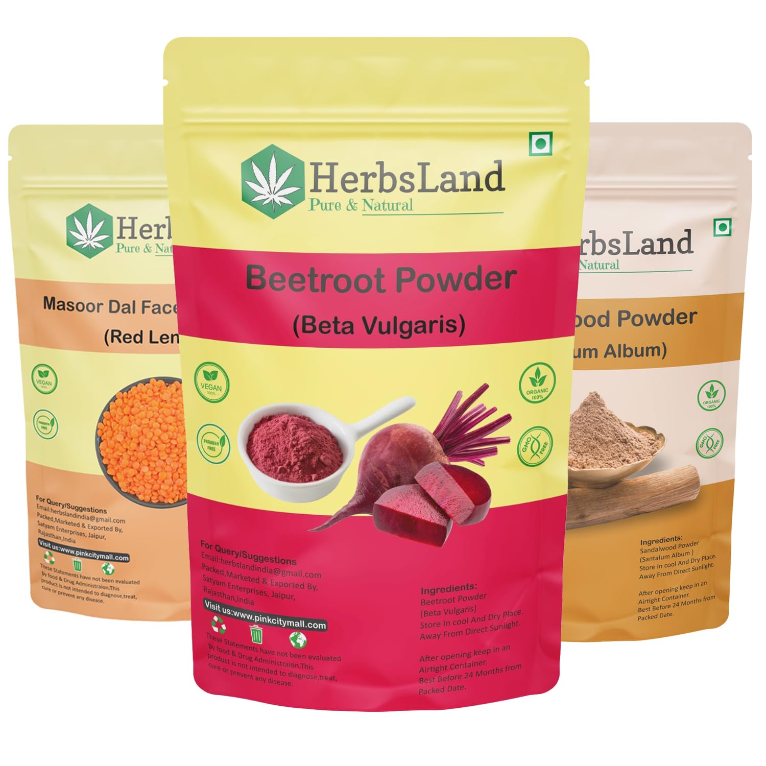 HerbsLand® 100% Natural Beetroot Powder (Beta Vulgaris Superfood) | Red Lentil Seed (Masoor Dal) Face Pack | Pure Sandalwood (Chandan) Powder for Glowing Skin & Face Care - 100g Each | DIY Skincare, Natural Beauty Routine, Ayurvedic Treatment