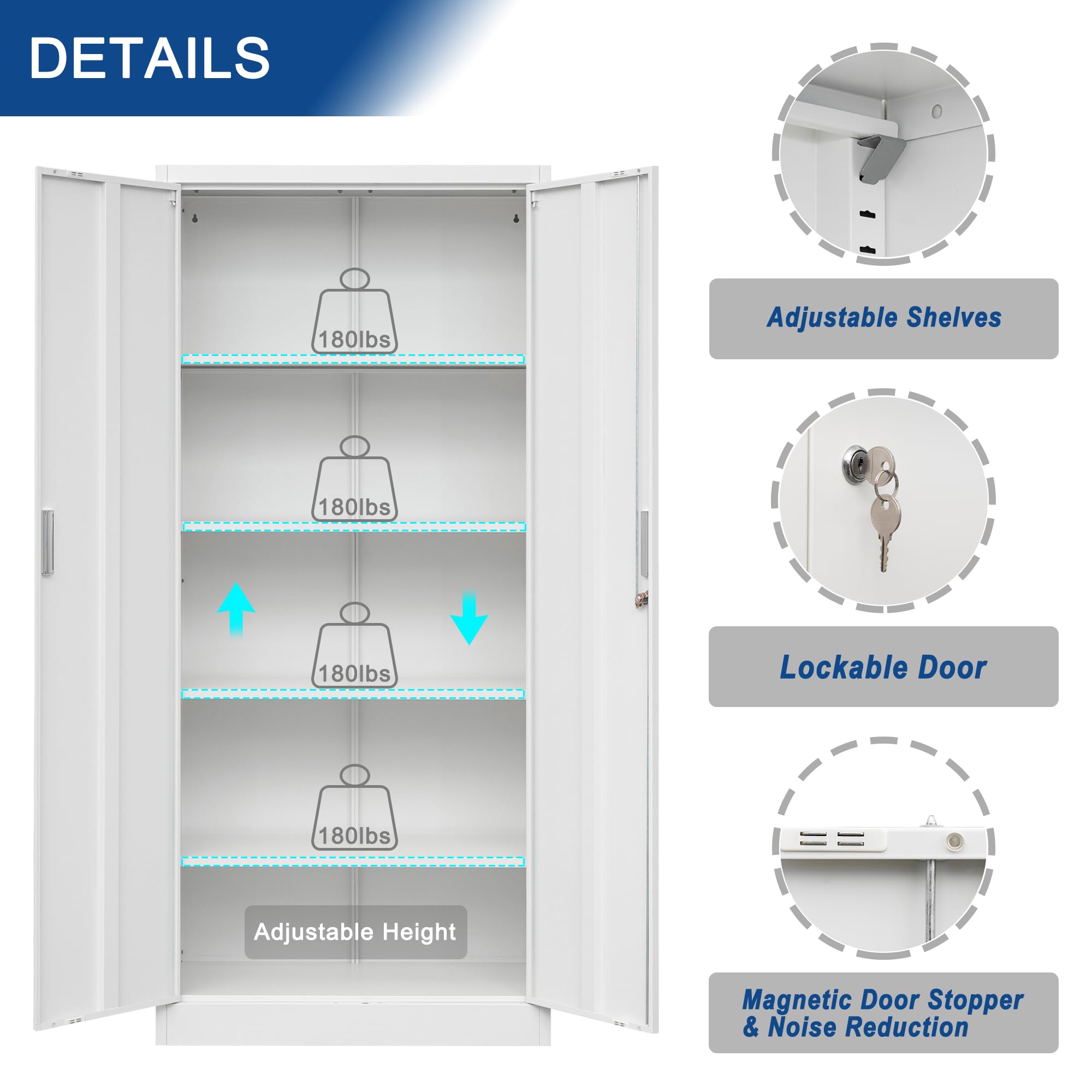 Heavy Duty Metal Storage Cabinet with Lock - 2 Lockable Doors & 4 Adjustable Shelves, White Garage Storage Organizer for Office, Home, Gym, School - Perfect for Storing Tools, Supplies & Equipment