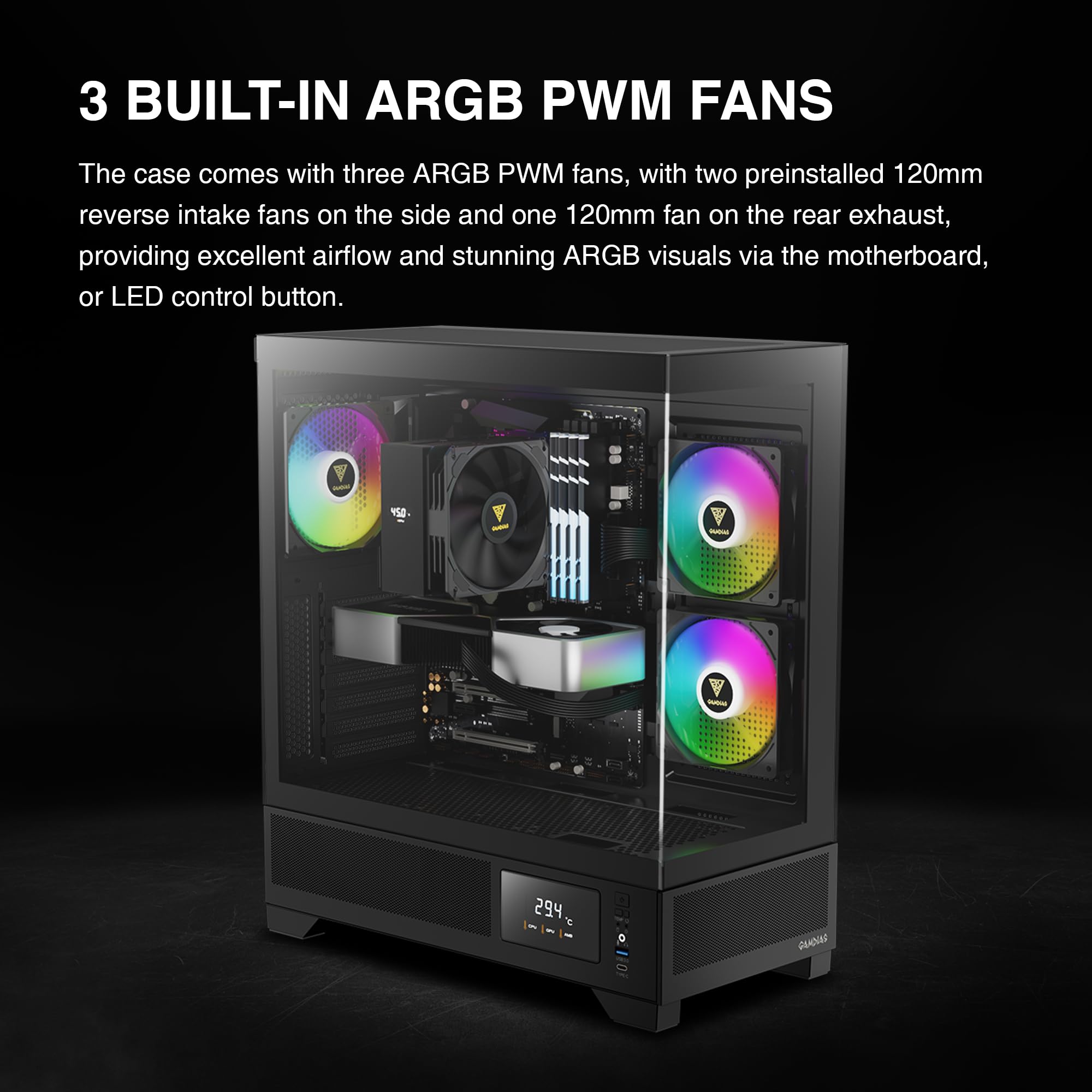 GAMDIAS Mid Tower ATX Gaming PC Case with Tempered Glass, Built-in 3x120mm ARGB PWM Fans, Supports RTX 4000 GPU & 360mm AIO - Perfect for High-Performance Gaming & Streaming Setups