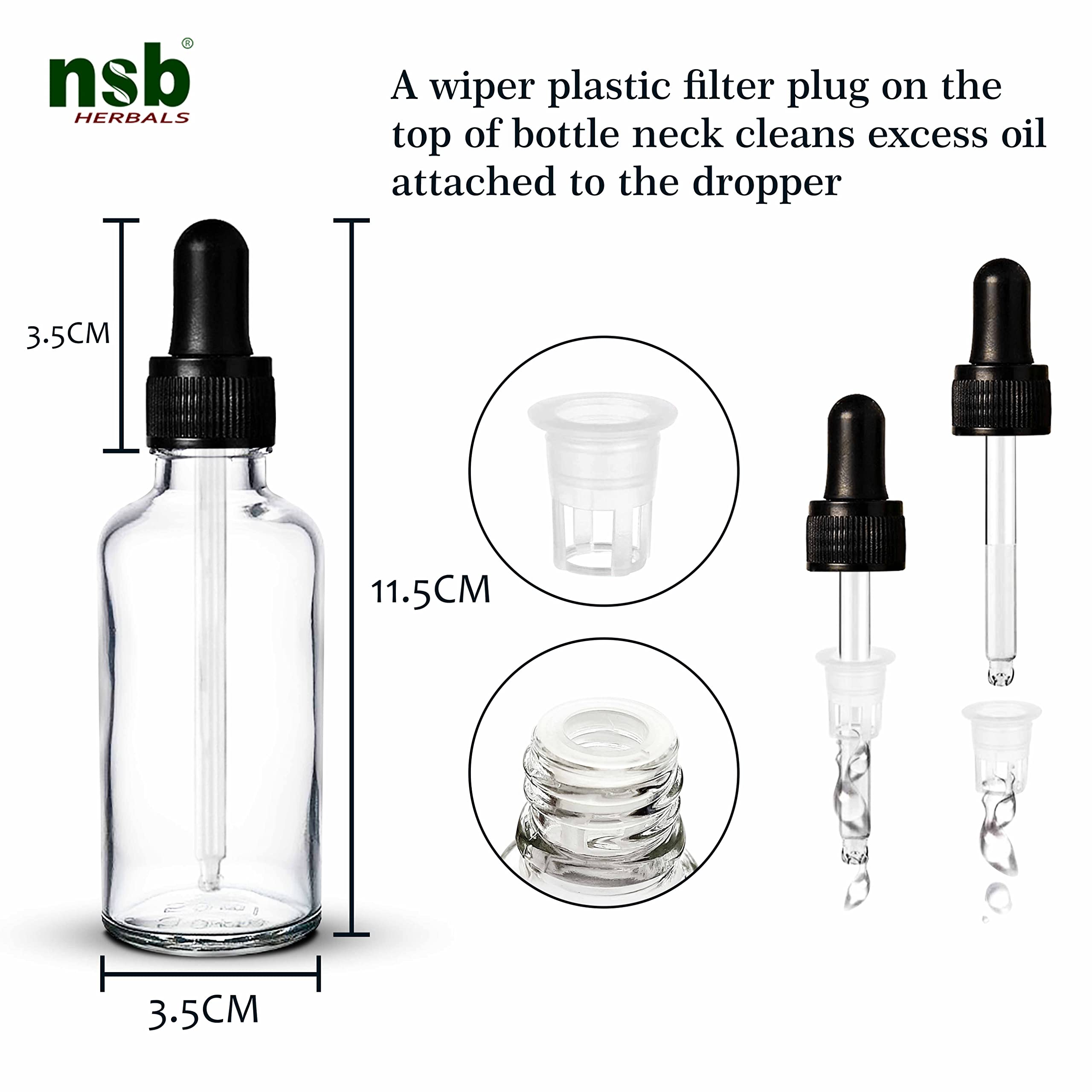 NSB Herbals 50ml Clear Round Empty Glass Bottle with Dropper & Black Silicone Cap - Refillable Essential Oil, Perfume, CBD Storage Bottles (Pack of 3) - Perfect for DIY Blends, Aromatherapy & Travel Size Liquids