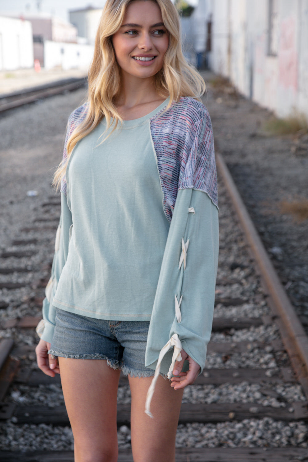 Stylish Mint Lace-Up Long Sleeve French Terry Oversized Pullover Sweatshirt | Women's Casual Loungewear for Fall & Winter | Perfect for Coffee Dates, Weekend Errands and Cozy Nights