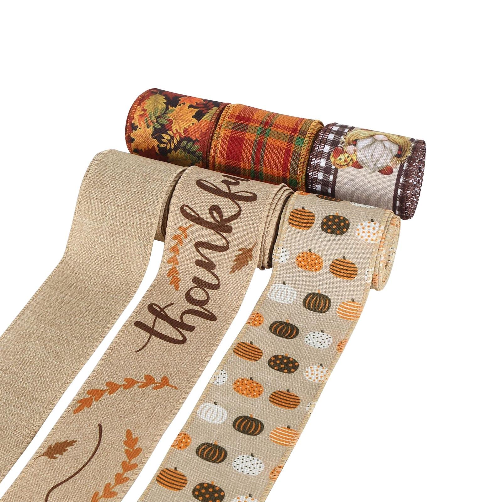 6Pcs Fall Wired Ribbons for DIY Crafts - Thanksgiving Decor, Wreaths & Scrapbooking