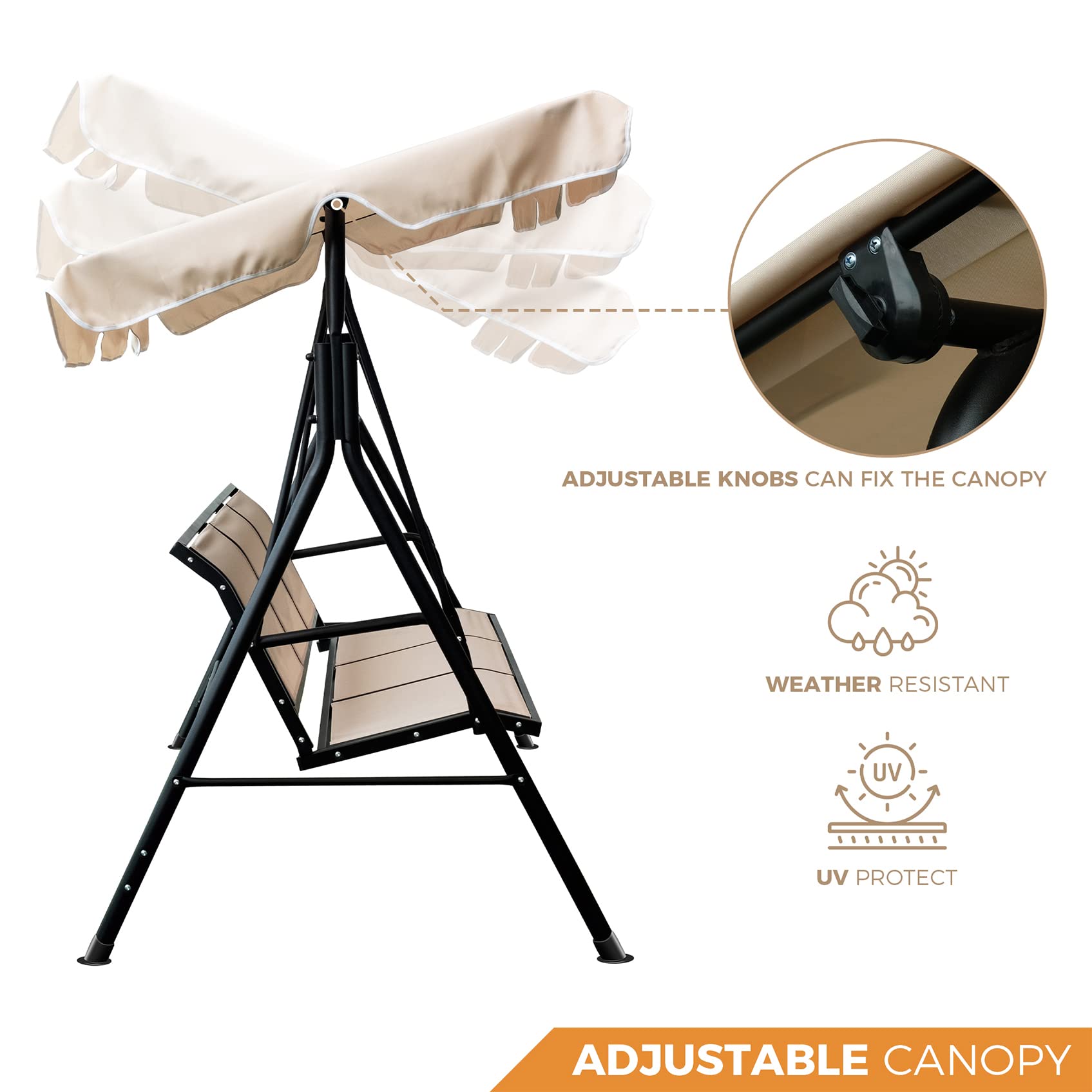 3-Person Porch Swing Chair with Canopy - Outdoor Patio Hammock Glider with Side Table & Cushions - Light Brown Loveseat Bench for Backyard, Garden, Deck - Perfect for Relaxing, Lounging & Enjoying Nature