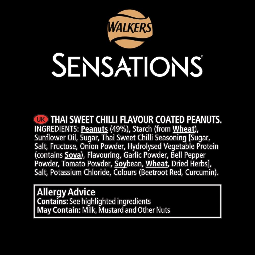 Walkers Sensations Thai Sweet Chilli Coated Peanuts 165g - Crunchy Snack for Parties, Movie Nights & Office Breaks - Groceries