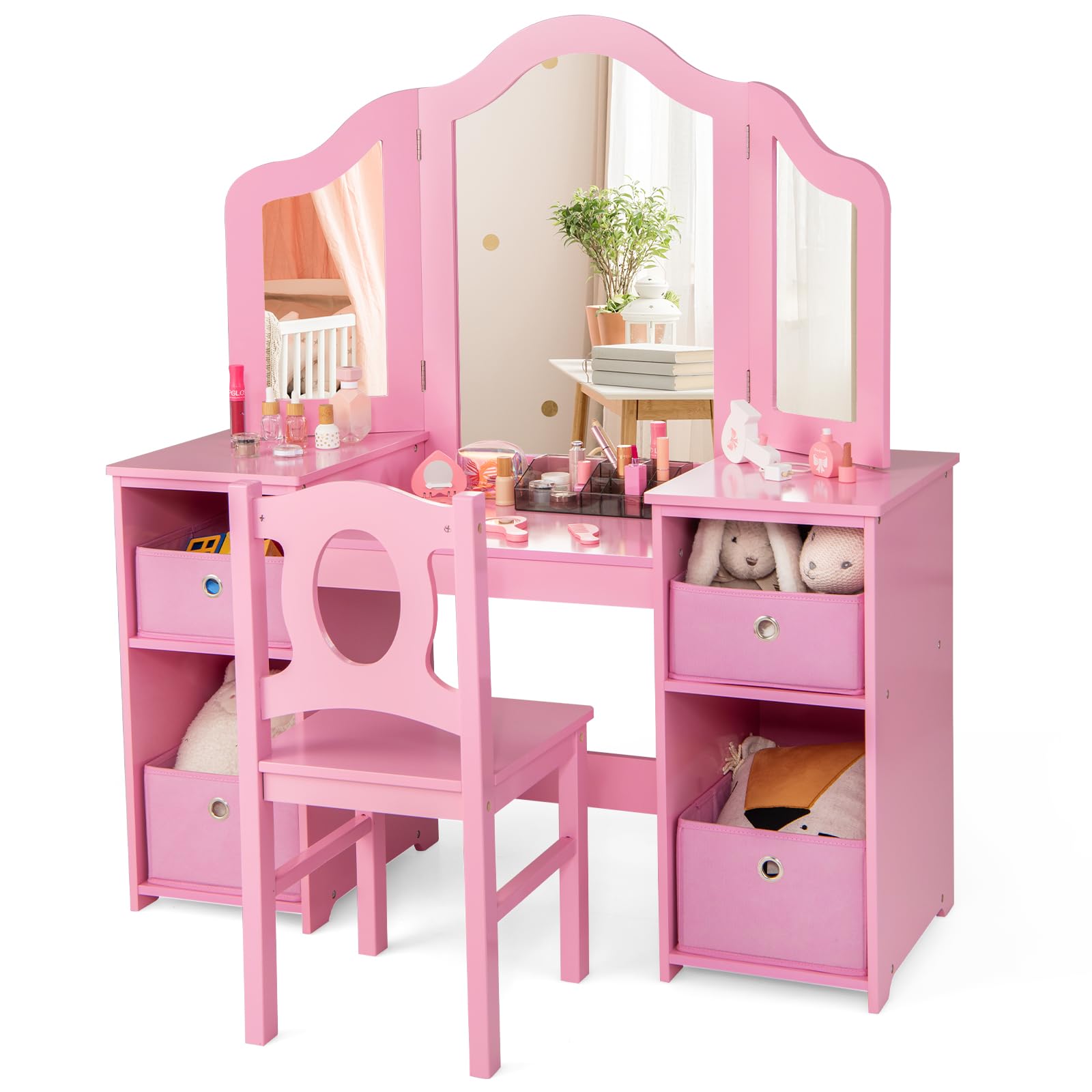 INFANS Kids Vanity Set - 2-in-1 Princess Makeup Desk & Chair with 4 Drawers, Tri-Folding Mirror & Large Storage | Wooden Dressing Table for Toddler Girls | Perfect for Pretend Play, Birthday Gifts & Bedroom Decor