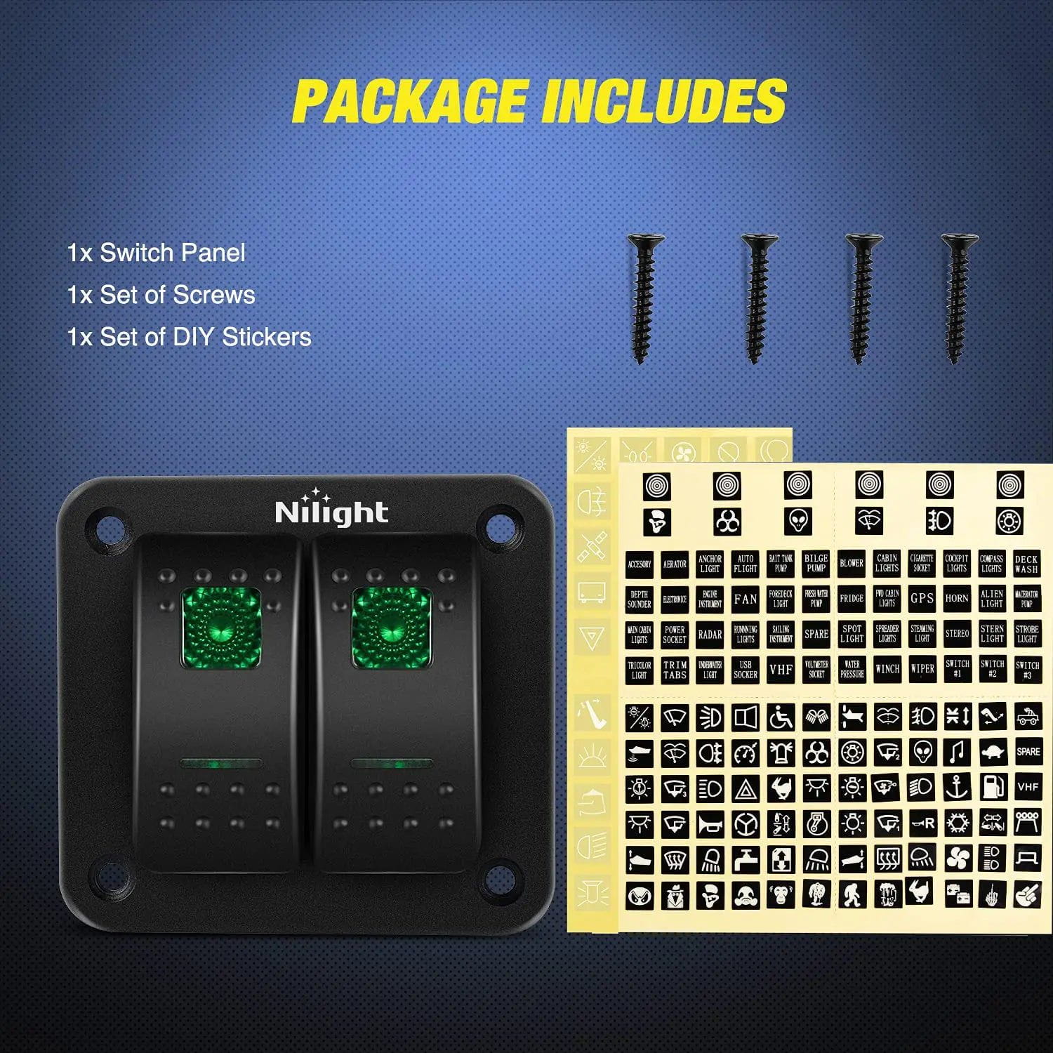 2 Gang Aluminum 5 Pin ON/Off Rocker Switch Panel with Green LED - Perfect for Marine, RV, Automotive and Industrial Control Panels