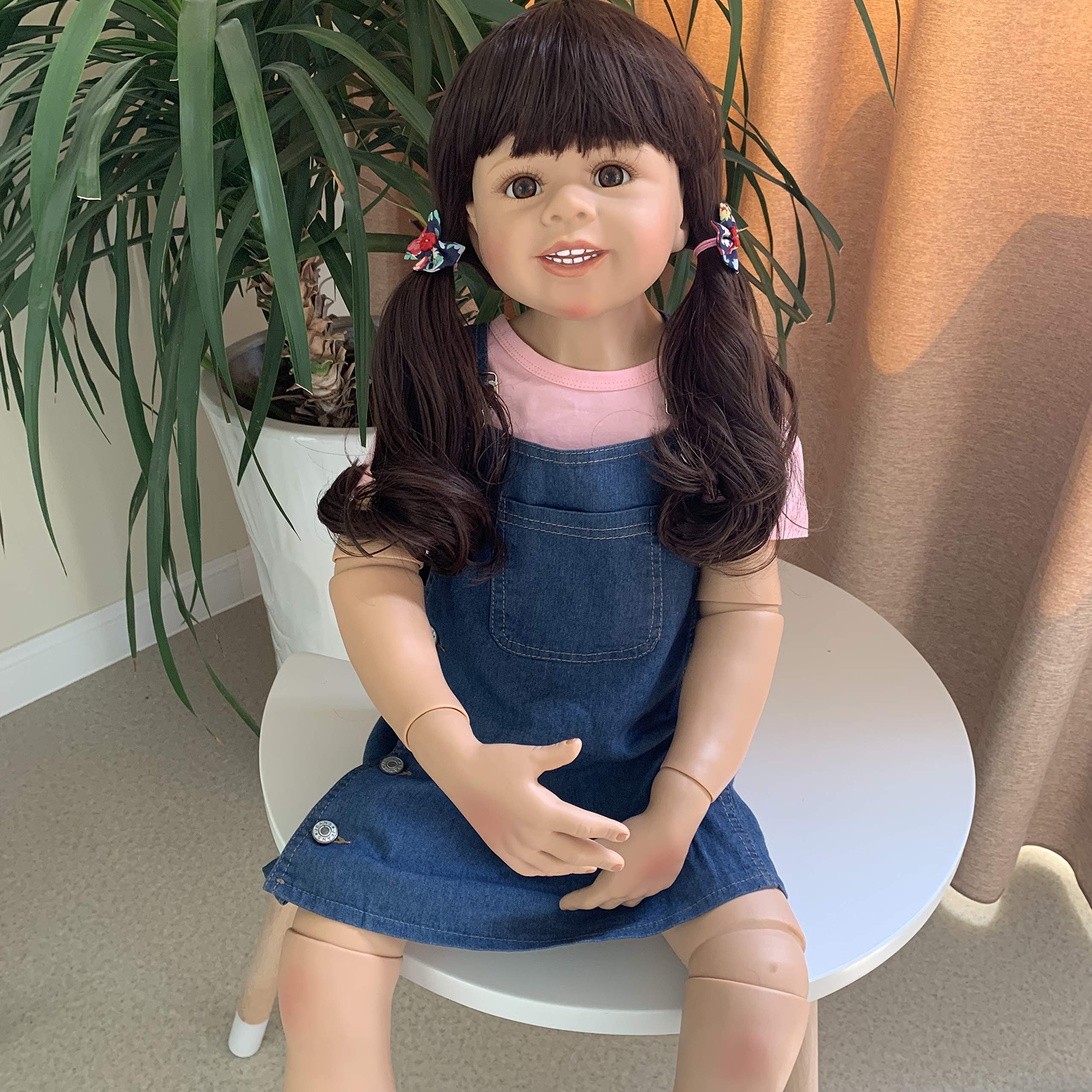 39 Inch Realistic Reborn Toddler Doll - Lifelike Hard Vinyl Standing Baby Girl with Brown Hair & Dress - Perfect for Collectors, Nursery Decor, Photography Props and Gift Giving