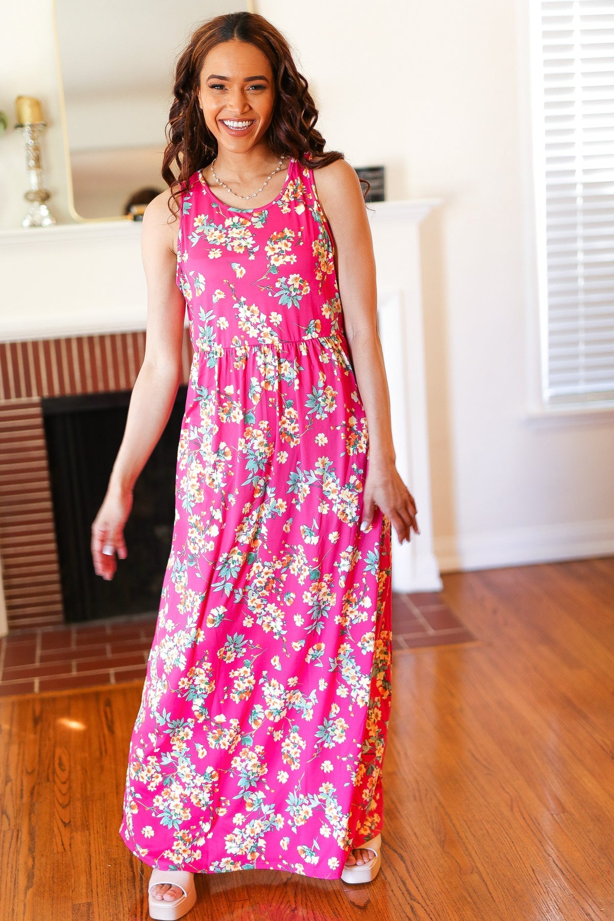 Elegant Pink Floral Print Fit and Flare Sleeveless Maxi Dress for Women | Summer Beach Wedding Party Dress | Perfect for Vacations, Date Nights & Special Occasions